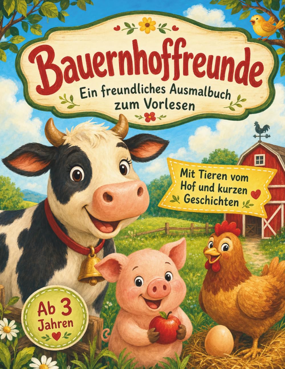 Bauernhoffreunde: Hof-Malbuch mit kurzen Vorlesetexten, Kuh, Schwein und Huhn, für Kinder ab 3 Jahren