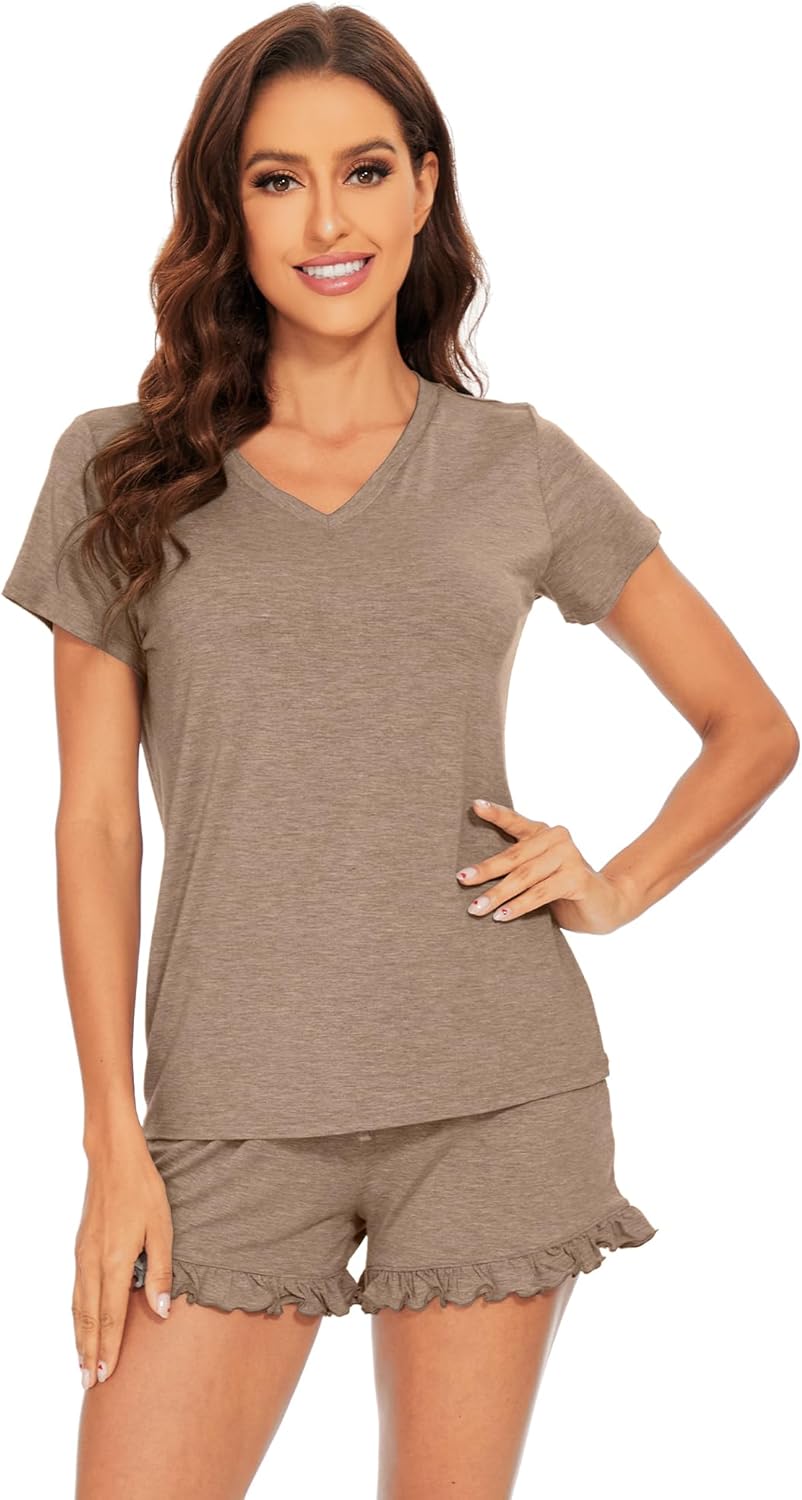 WiWi Womens Pajamas Set Bamboo Viscose Super Soft Short Sleeve Top Ruffle Shorts Sleepwear Cooling Pj Sets S-XXL