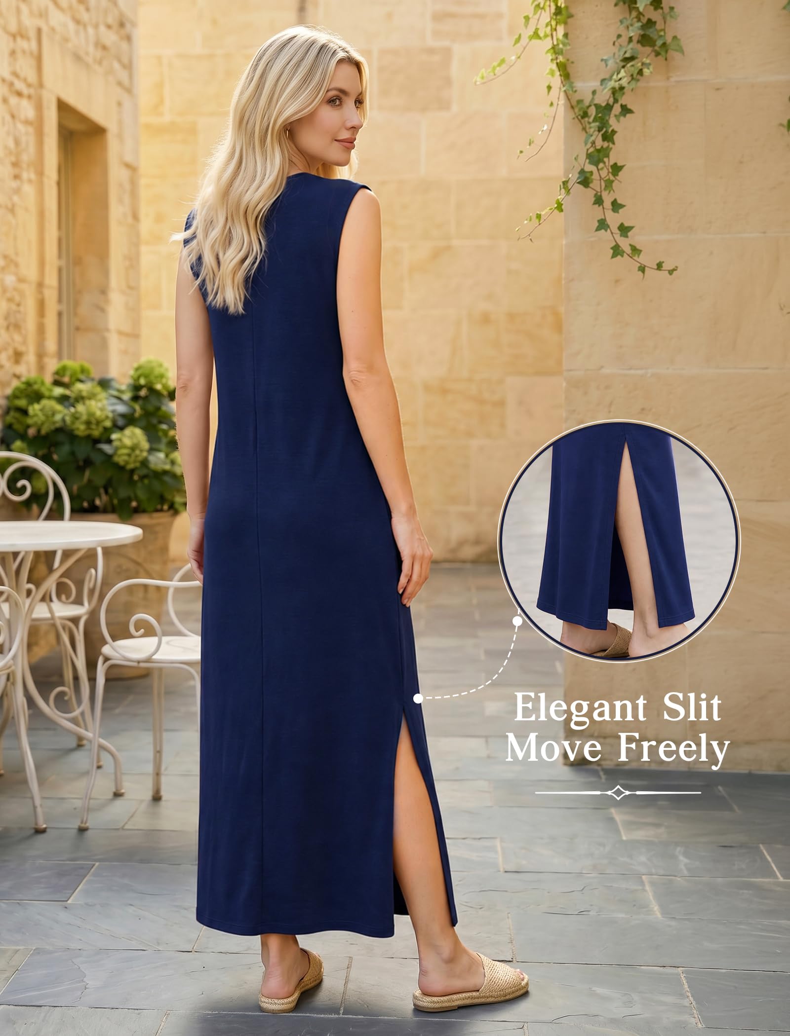 Enmain Vestido Largo Verano Mujer Sin Mangas Cuello Redondo con Bolsillos Laterales y Fisiones Vestidos Casual para Mujer Elástica Antiarrugas Informal Elegante Clásico Color Liso Tallas S-3XL