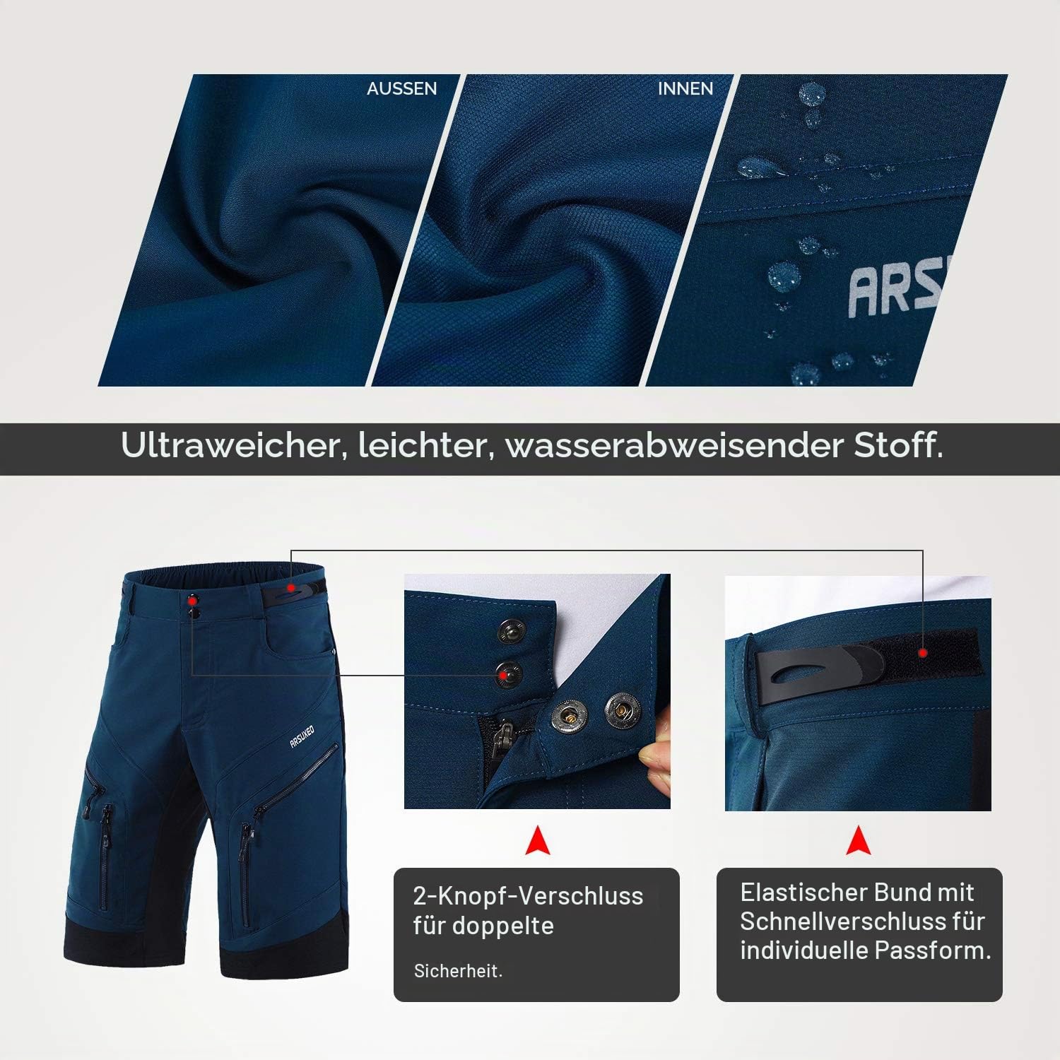 ARSUXEO Radhose Herren MTB Shorts ohne Polsterung Radfahren Shorts Klassisch Wasserdicht 1903 Dunkelblau M