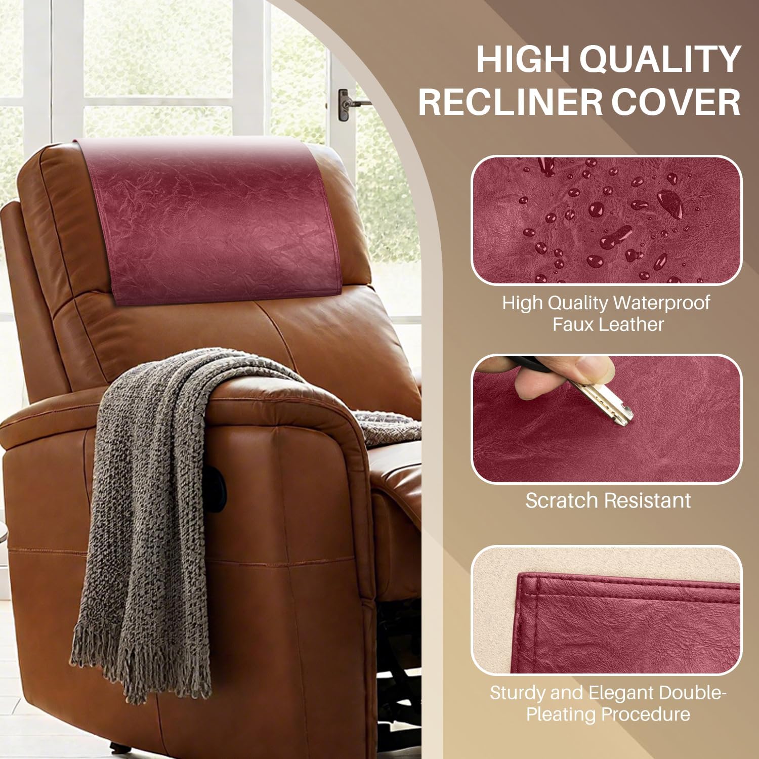 recliner headrest protector,non slip waterproof headrest cover,leather recliner headrest cover for sofa,furniture,living room,office chair (wine red) wine red hook & loop