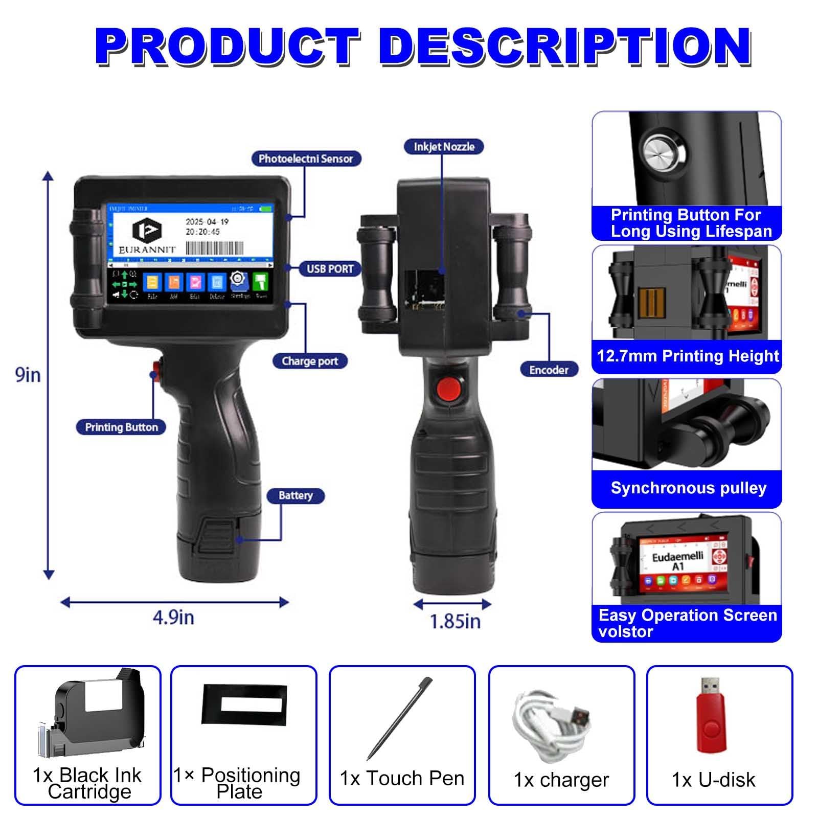 Impresora De Inyección De Tinta Portátil Mejorada | Impresora De Mano Portátil Con Pantalla Táctil De 4,3 Pulgadas, Adecuada Para Cartón/Metal/Plástico/Cerámica/Madera/Textil (Admite 28 Idiomas).