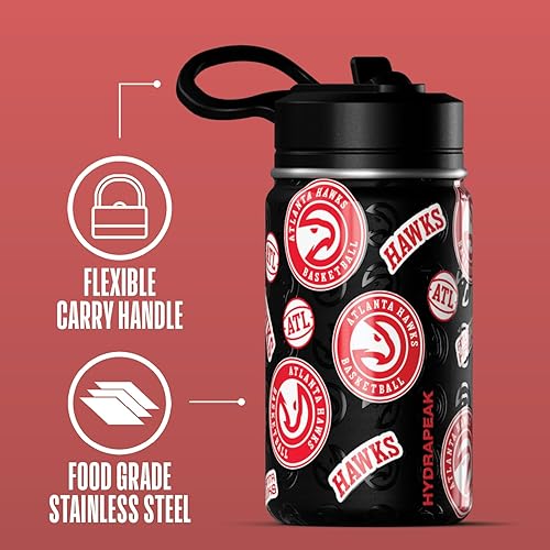 Miniatura 3 de Hydrapeak x Botella de agua con licencia oficial de la NBA Atlanta Hawks de 14 onzas para niños, con tapa de popote y asa, reutilizable, de acero