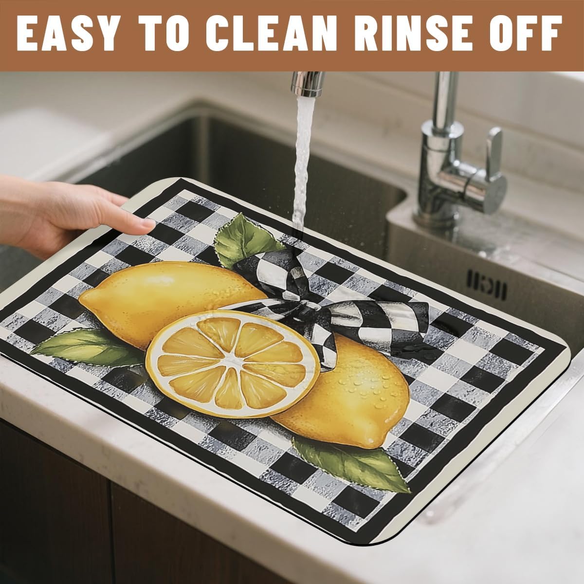 Lemon Dish Drying Mats 2 Pack Fruit Black White Checkered Bow Absorbent Draining Pad, Heat Resistant Drying Pad with Non-slip Rubber, Coffee Bar Mats for Coffee Machine Dish Rack 20"x12"