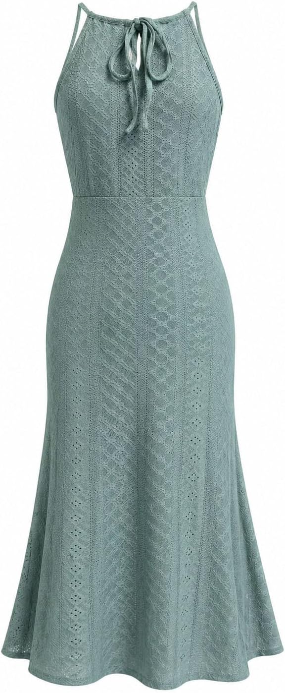 LOVESHOOT Halter Sundresses for Women 2026 Summer Eyelet Ruched Bodycon Midi Dresses Casual Crochet A Line Dress with Slit