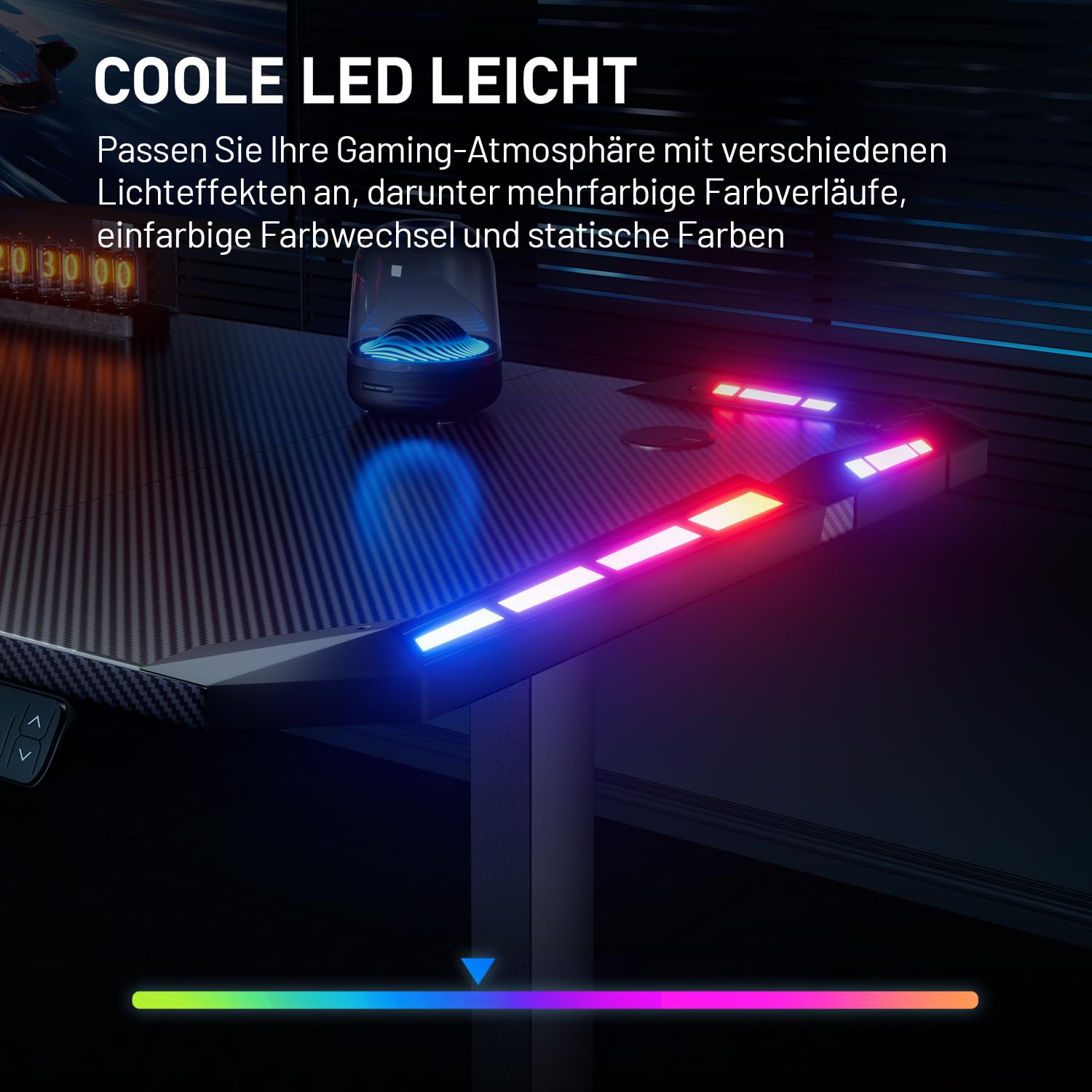 HLONONE Höhenverstellbarer Schreibtisch 120 x 60 cm, Gaming Tisch mit LED, Elektrischer Schreibtisch, Steh-Sitz Tisch mit Kohlefaseroberfläche, Elektrisch Computertisch mit Funktions-Memory, Schwarz