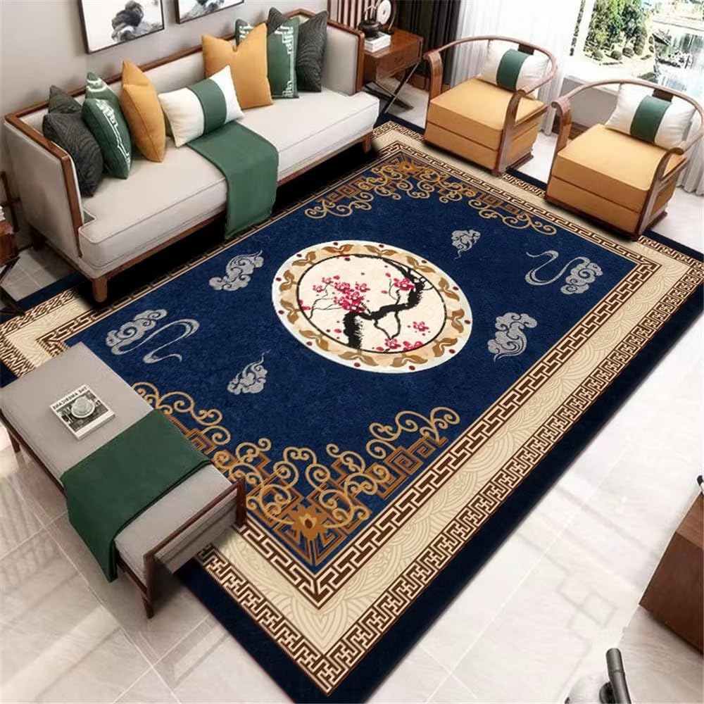 Tapis de sol bleu oriental pour créer un salon vintage unique