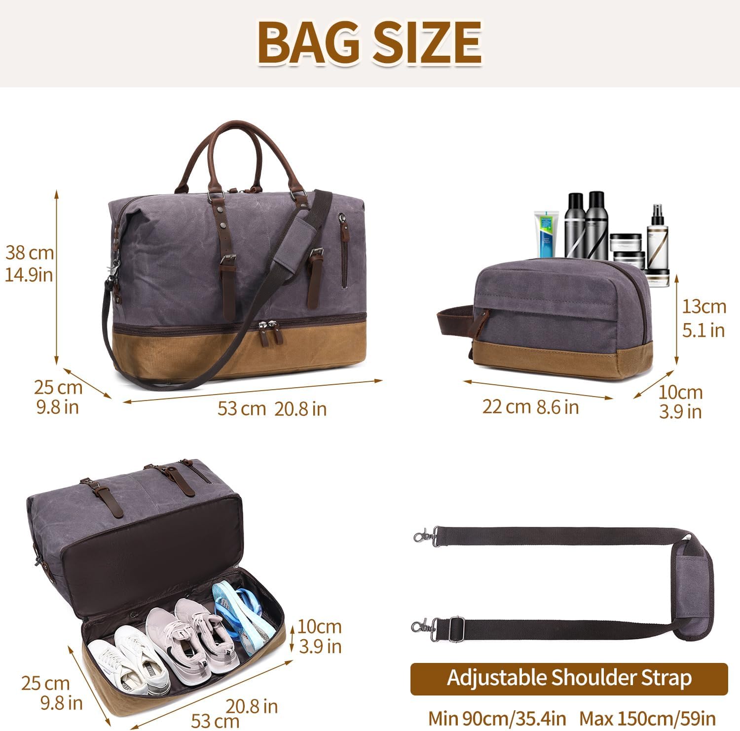 FENGDONG Weekender Bag Large Overnight Bag for Men Women Tote with Shoe Compartment Canvas Carry on Luggage Bag Travel Duffel Bag Gray