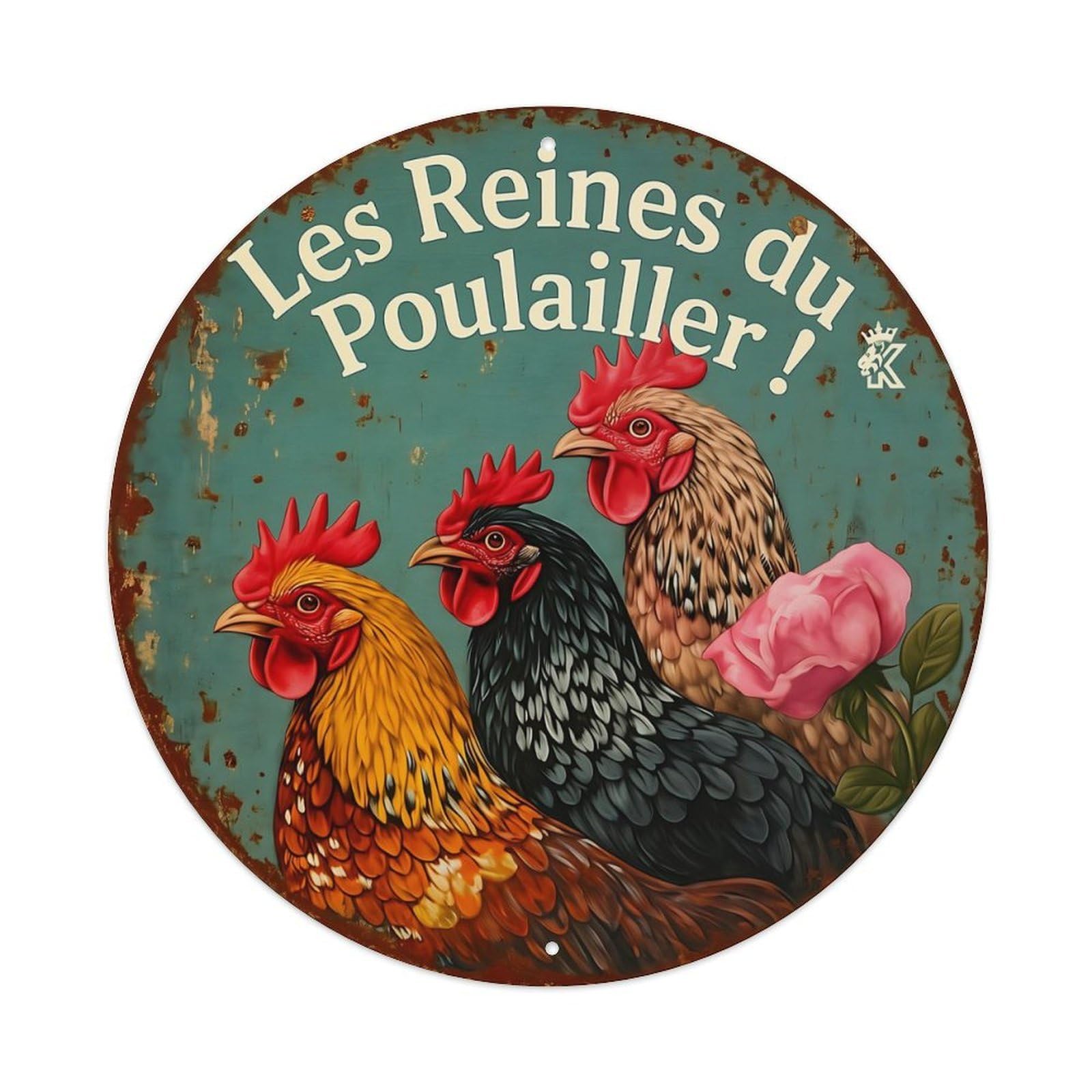 Chickens Roses Rustic Sign Art Round Metal Tin Sign Vintage Wall Decor, Bar Garage Cafe Kitchen Home Wall Art Poster 8x8inches