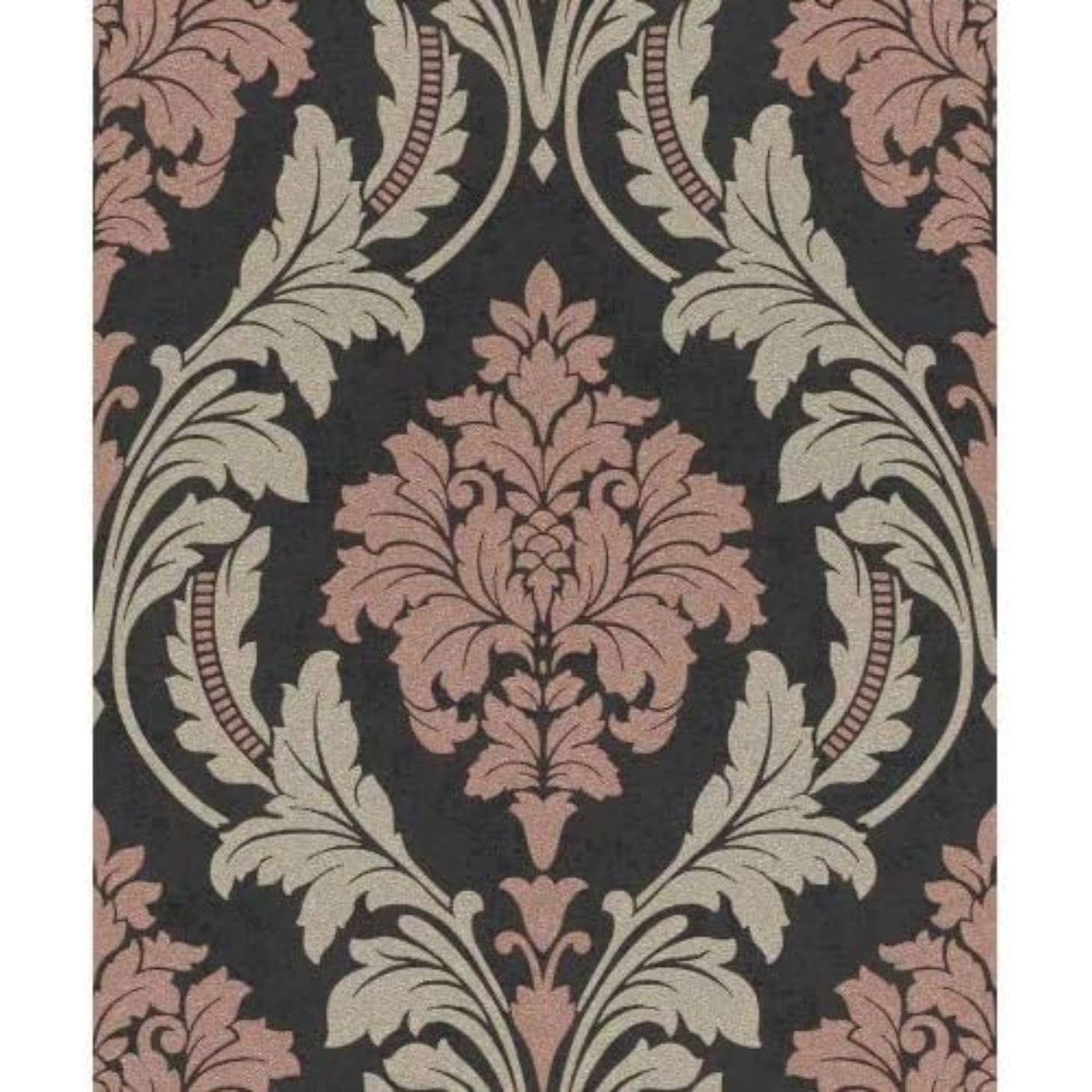 Yöl Black Glittered Damask Rasch Wallpaper - Extra Washable Vinyl - Feature Statement Wall - 10.05M X 53Cm Roll - Dining Room Bedroom Living Room - Paste The Wall - Contemporary Sophisticated