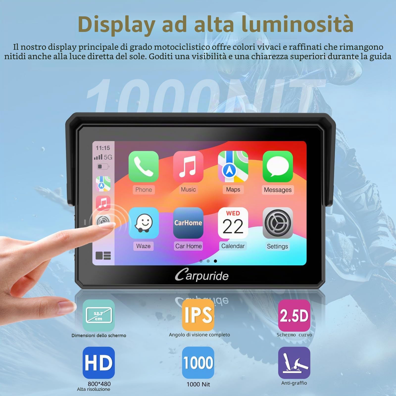 CARPURIDE W502BS Pro per Moto BMW CarPlay e Android Auto, Doppio Bluetooth, Schermo di Navigazione Impermeabile da 5 Pollici, Lettura dati, Native Wonder, TPMS, Sensore di luce, Condivisione di Musica