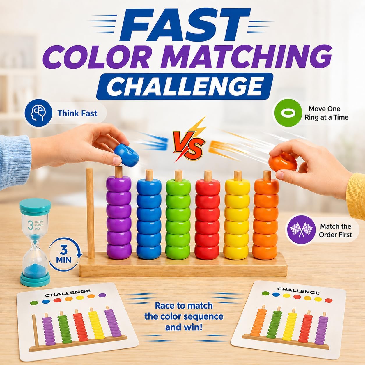 Gioco di puzzle impilabile con timer di sabbia da 3 minuti, puzzle in legno con carte sfida per 2 giocatori, rompicapo coordinato con motivo frenetico per serate di gioco in famiglia (confezione da 2)