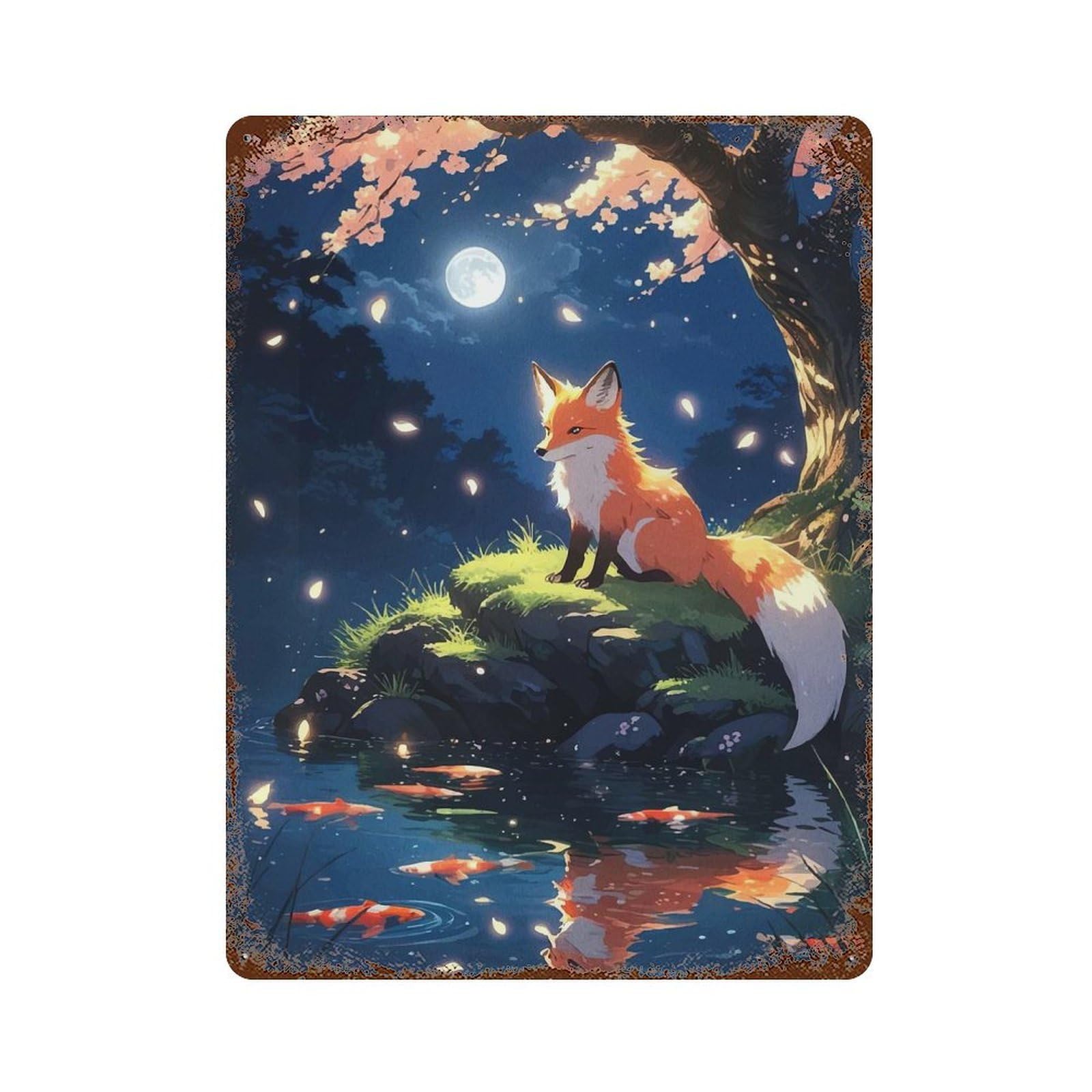 Fox And Koi Pond Moonlight Decorative Tin Sign 15.7"x11.8", Shabby Chic Decor for Garage, Pub Or Kitchen