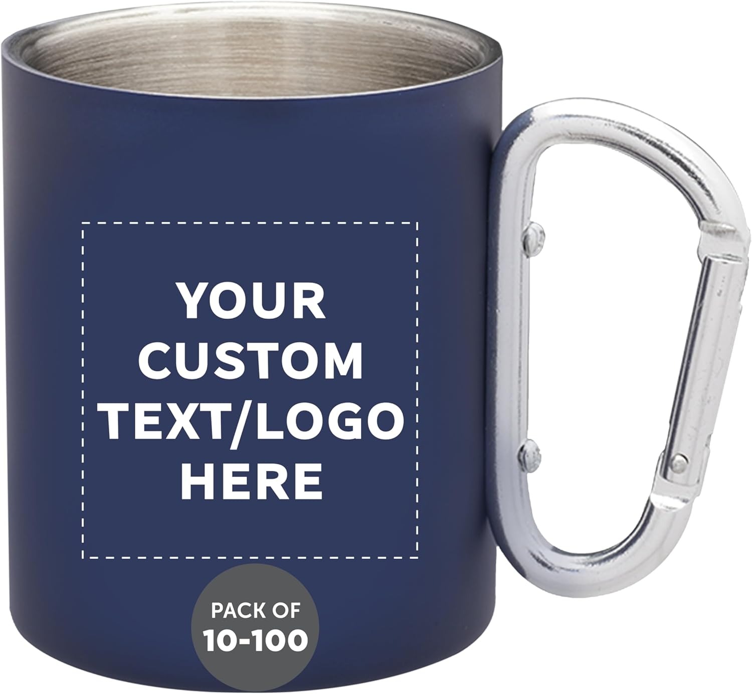 Custom Stainless Steel Mugs with Carabiner Handle 10 oz. Set of 10/50/100, Personalized Bulk Pack - Perfect for Coffee, Soda, Other Hot & Cold Beverages - Navy Blue