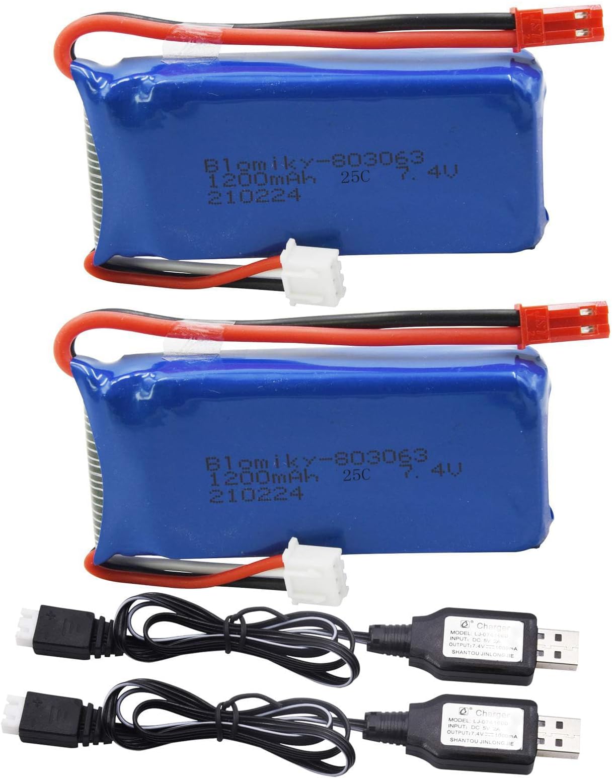 Blomiky 2 Pack 7.4V 1200mAH Lipo Battery Pack with JST Plug and USB Cable Replacement for UDIRC UD1601 UD1602 Pro Fisca Cheewing 1/16 Scale RC Truck RC Helicopter Drone Vehicles / X6 Battery and USB 2