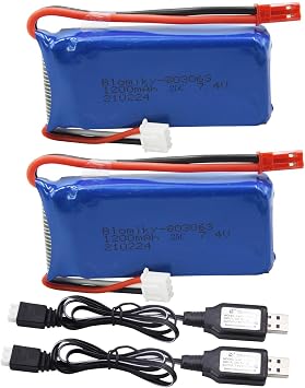 Blomiky 2 Pack 7.4V 1200mAH Lipo Battery Pack with JST Plug and USB Cable Replacement for UDIRC UD1601 UD1602 Pro Fisca Cheewing 1/16 Scale RC Truck RC Helicopter Drone Vehicles / X6 Battery and USB 2
