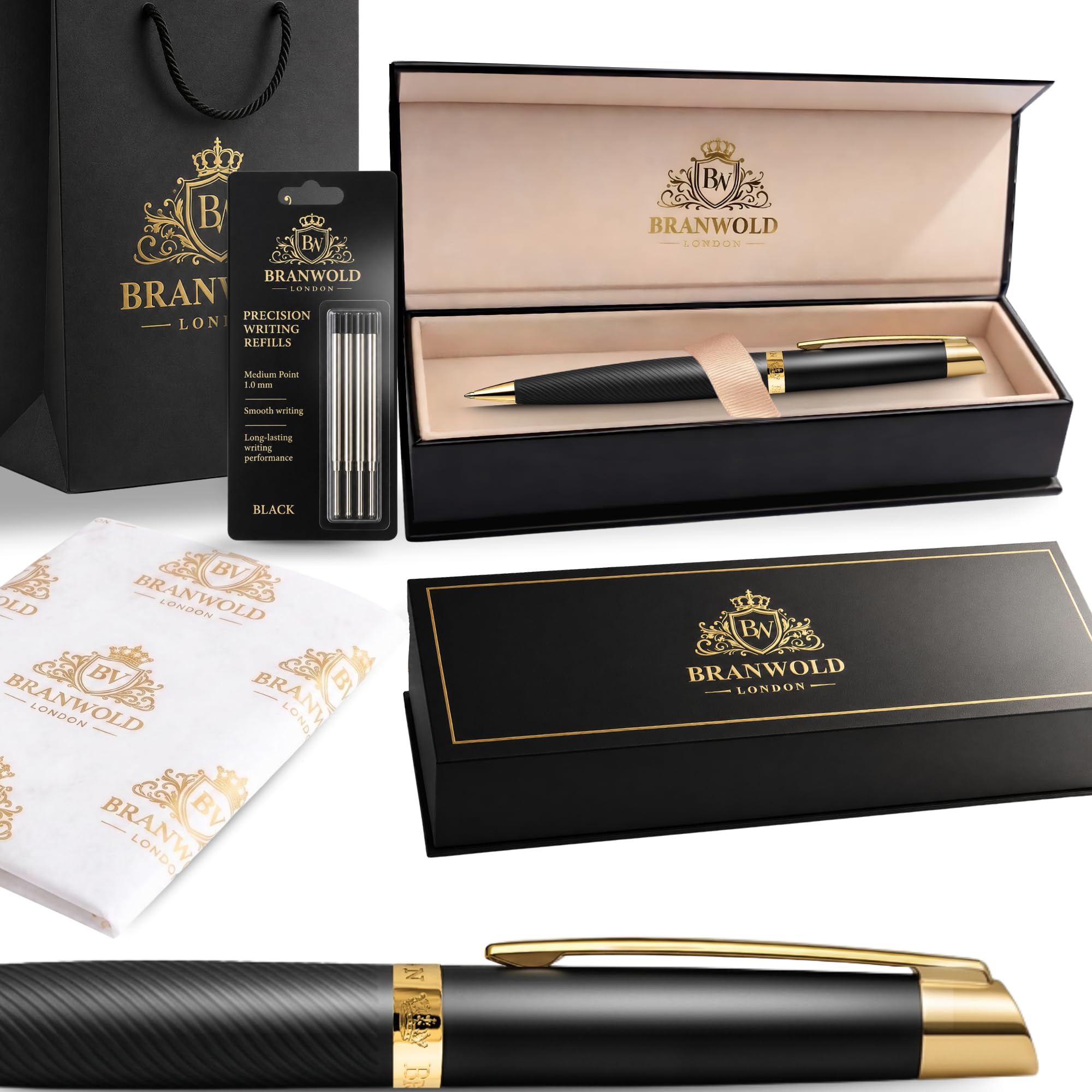 BRANWOLD London Luxury Pens for Men & Women, Elegant Executive Ballpoint Pen Gift Set, Premium Corporate Gifts with Presentation Box & Matching Gift Bag (Black/Gold)
