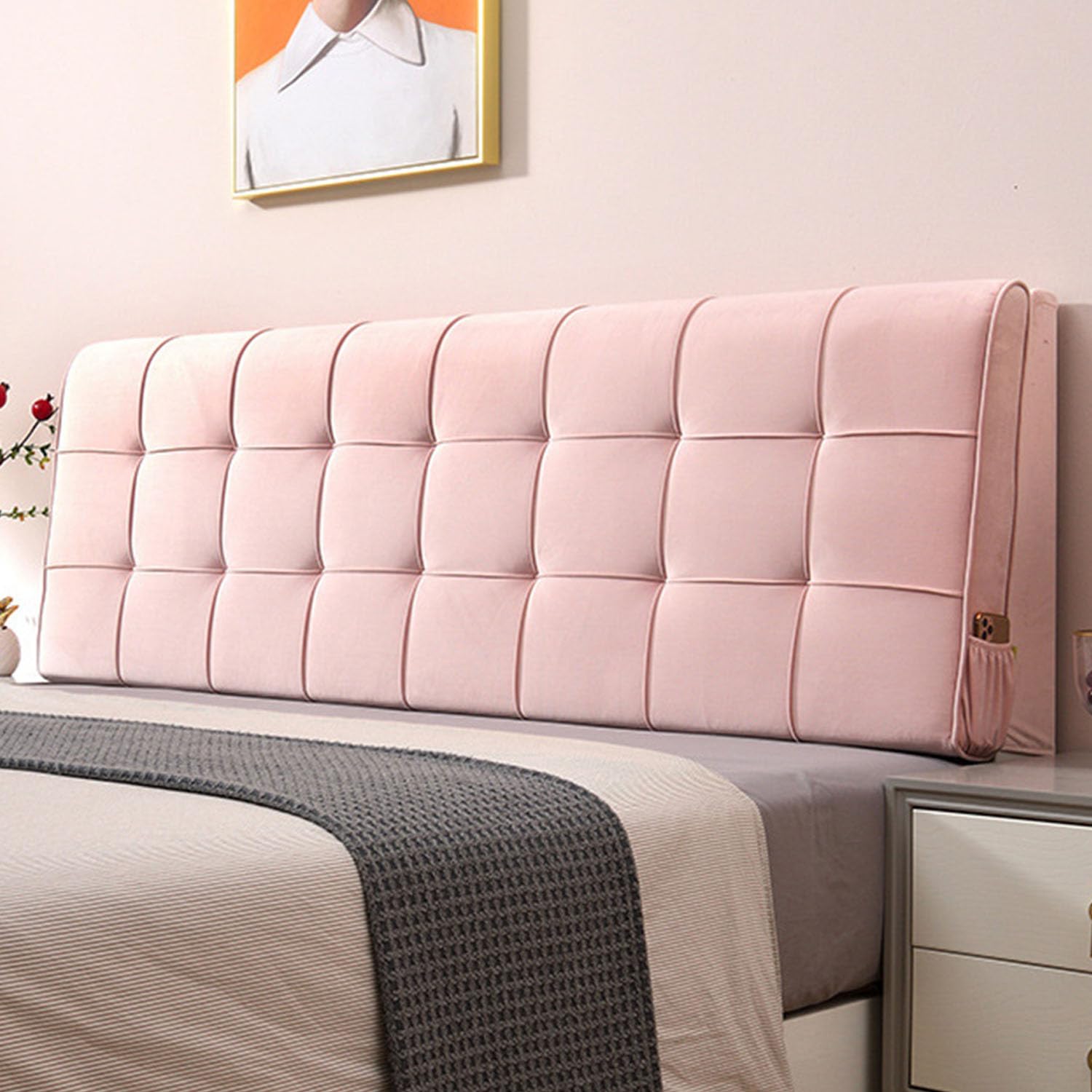 L - Funda acolchada de terciopelo para cama tamaño King, cojín para cabecero todo incluido para decoración de dormitorio, fundas de cabecero dobles pequeñas en color rosa (150 cm)