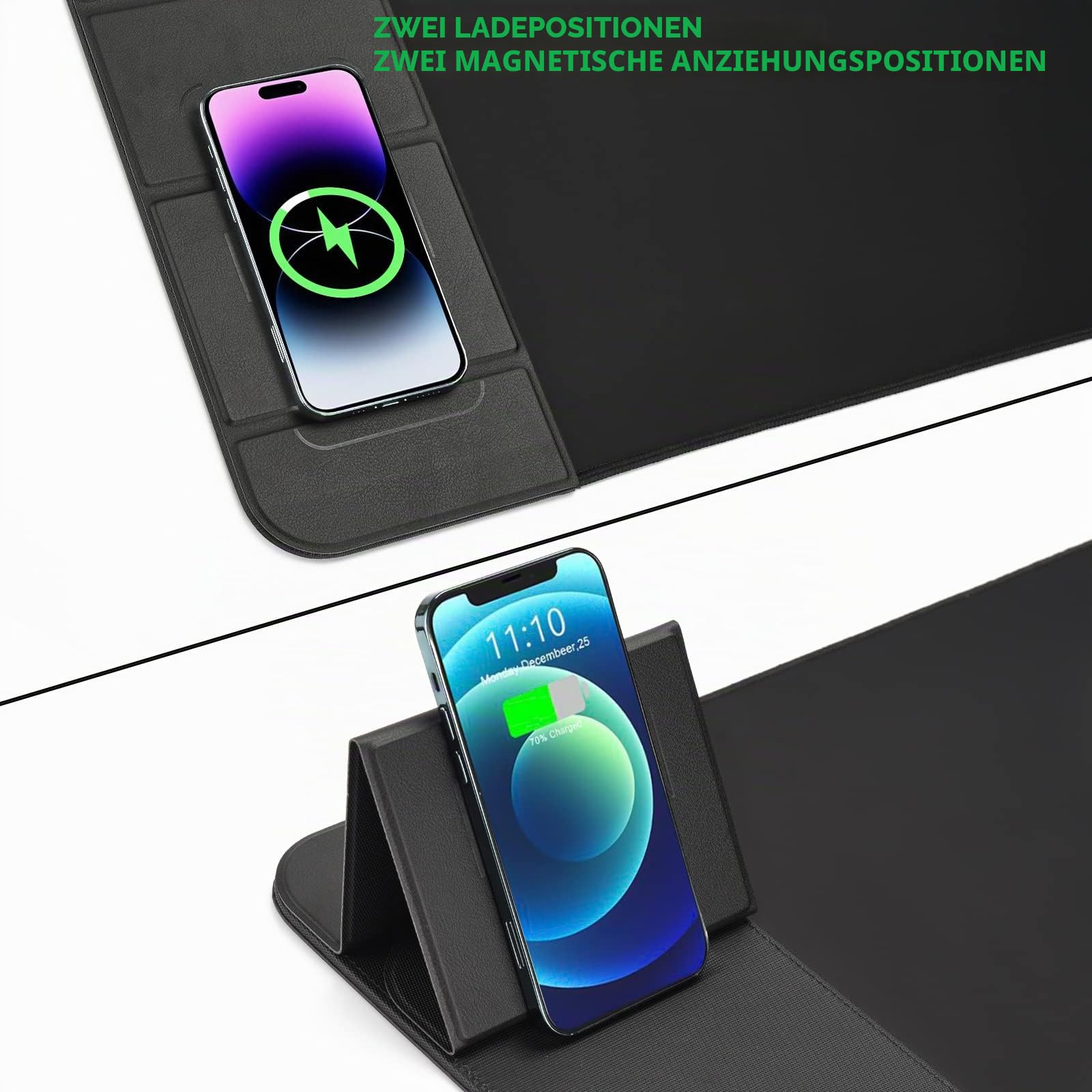 Gaming Mauspad 15W Qi Mousepad Drahtloses schnellladendes Mauspad Faltbarer Telefonhalter Kabelloses Laden für I-Phone Pro Handy, Kopfhörer, große Mousepad Basis Computer.