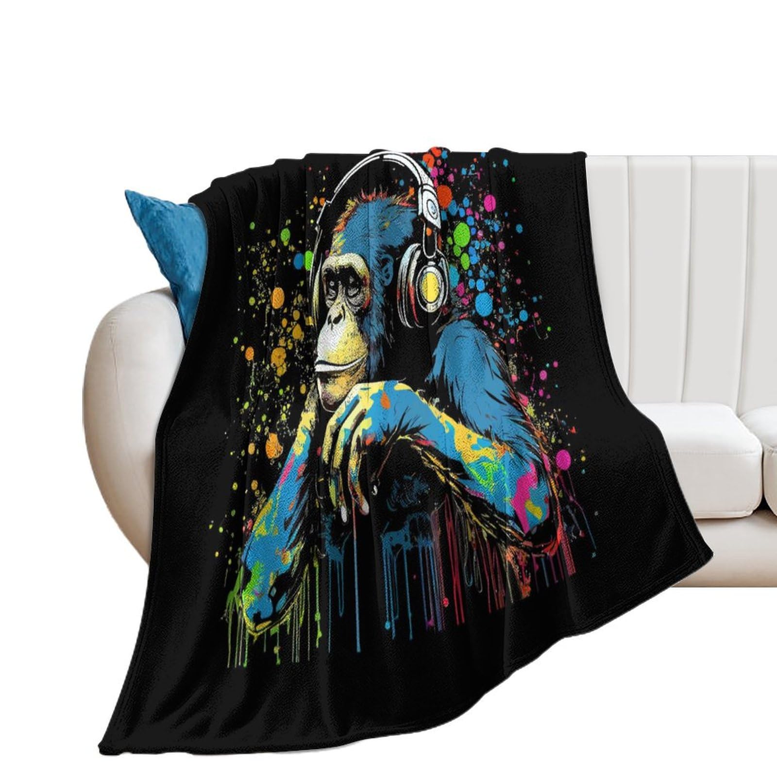40x30inches (100x75cm) Throw Blanket, Chimpanzee in Headphones Art Painting Print, Warm Cozy Blanket, Plush Comfortable Blanket Valentines Gifts