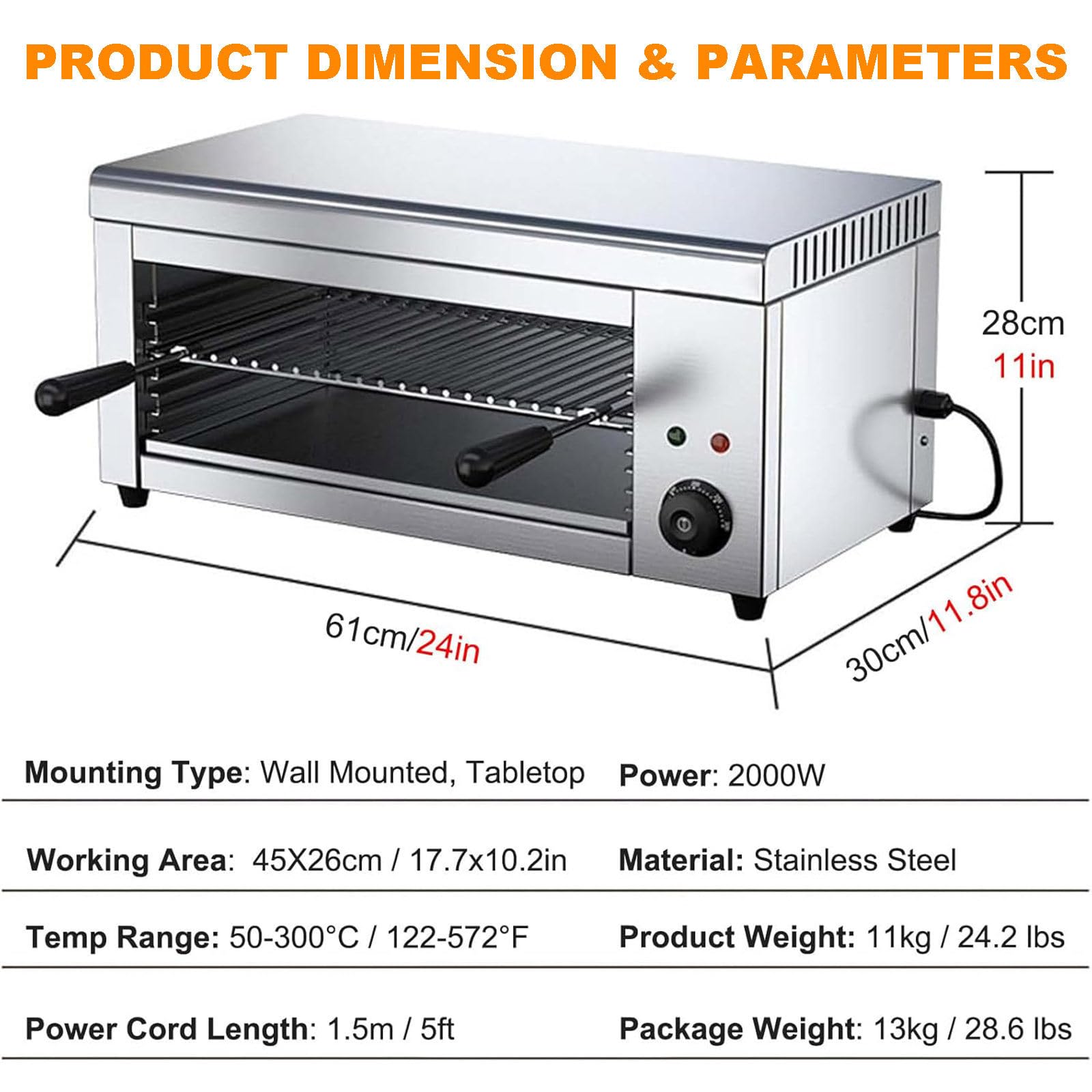 Parrilla salamandra Comercial de 2000 W para Barbacoa, fundidor de Queso, Parrilla de mostrador Comercial, raclette para restaurantes y hogares, Asar filetes y Pescado, 50-300 °C.