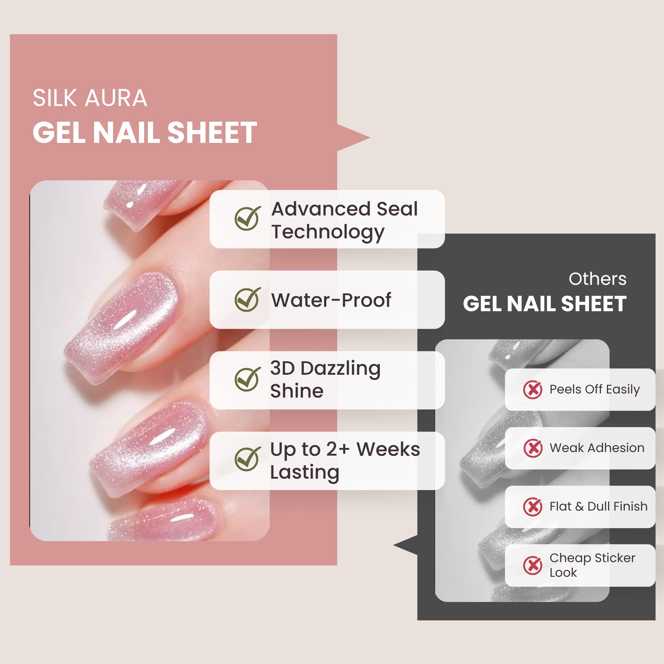 Silk Aura Pellicola autoadesiva in gel per unghie, senza raggi UV, nude glitterato, impermeabile e di lunga durata, design naturale per unghie delle dita e dei piedi