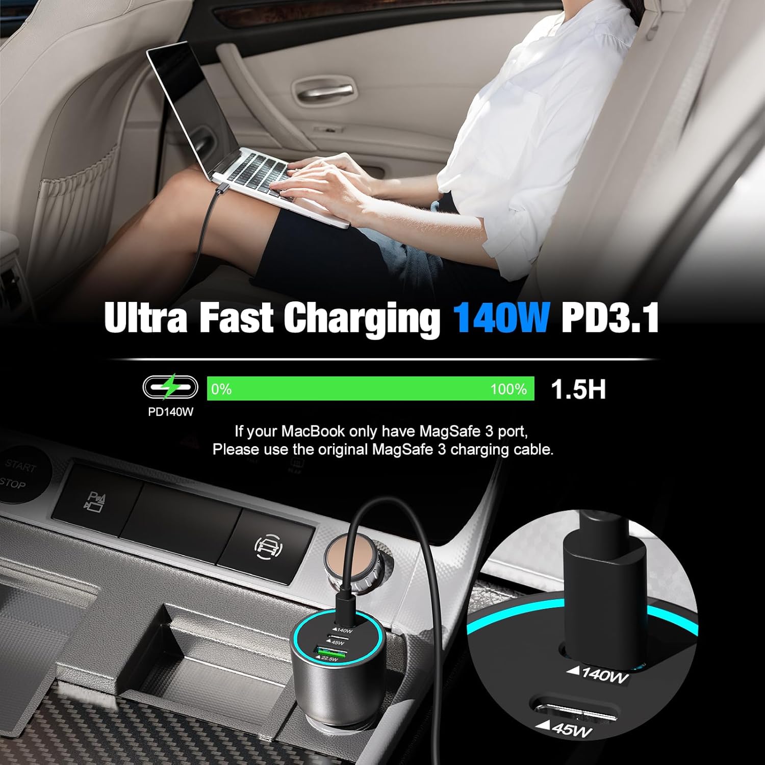 140w usb c car charger, super fast charging for iphone 17 pro max/16/macbook pro/air/samsung s26, drone, laptop, starlink mini, pd3.1 & pps 45w type c cigarette lighter adapter with 100w e-mark cord