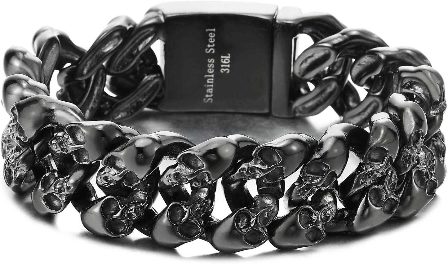 Mens Steel Vintage Twisted Braided Link Chain Bracelet with Skulls, Spring Clasp, Gothic Biker