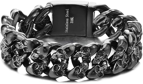 COOLSTEELANDBEYOND Pulsera de acero trenzado vintage para hombre con calaveras, cierre de resorte, motociclista gótico