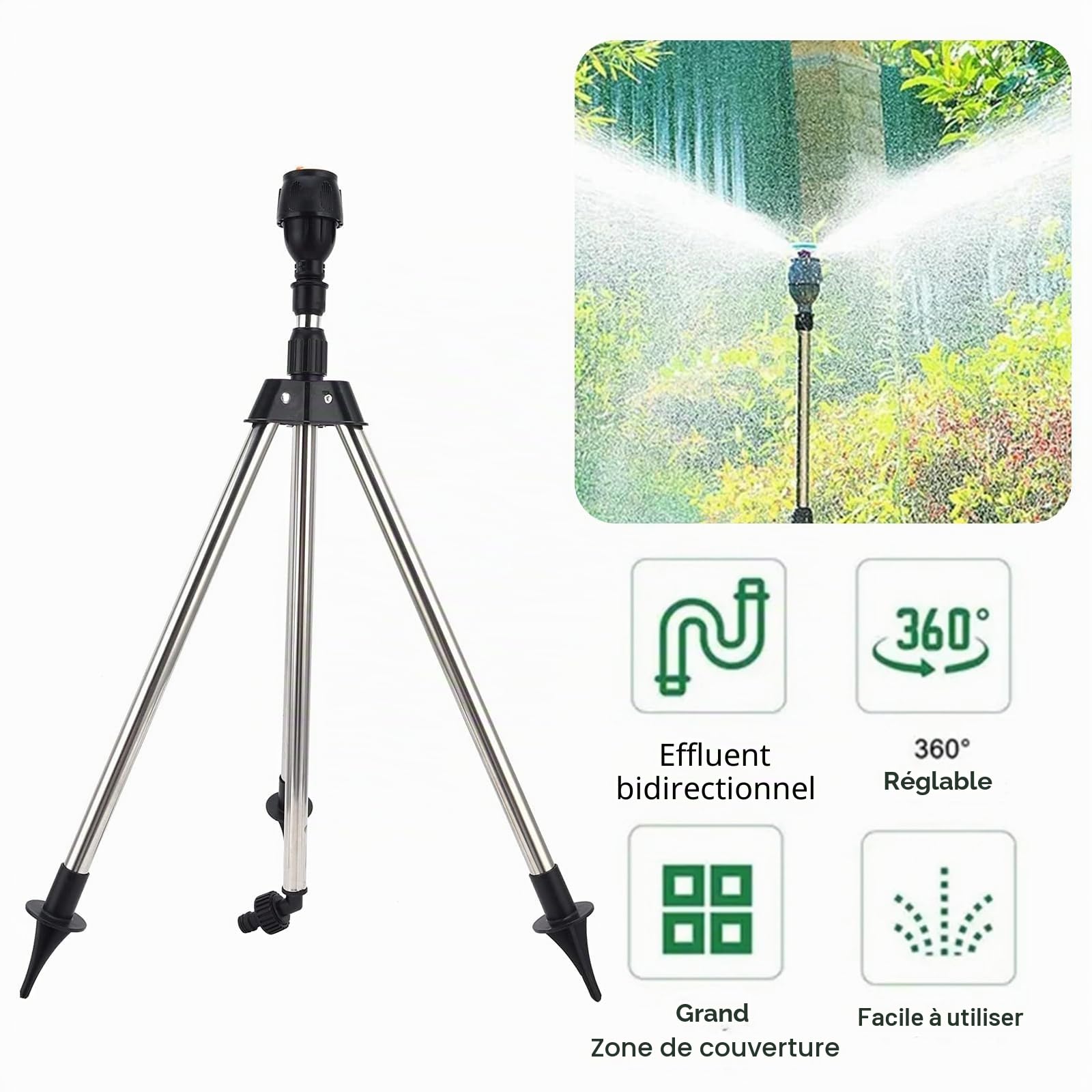 Arroseur de jardin, trépied de pelouse avec rotation à 360 °, en acier inoxydable, arroseur télescopique pour grandes surfaces, trépied + arroseur, système d'arrosage automatique pour cour, maison