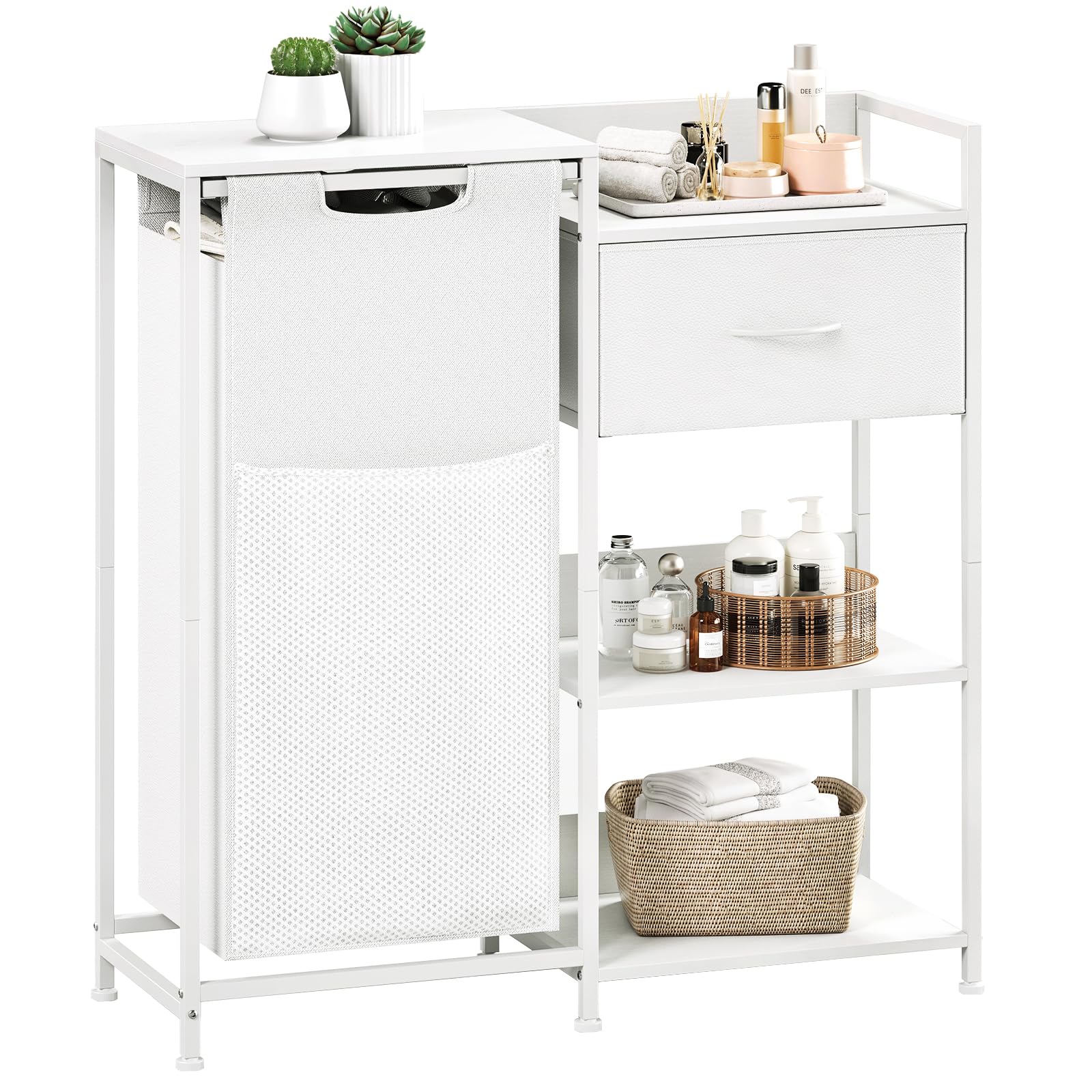 Somdot White Laundry Hamper With Fabric Drawer And Shelves, Laundry Basket Sorter With 60L Pull-Out And Removable Bag,