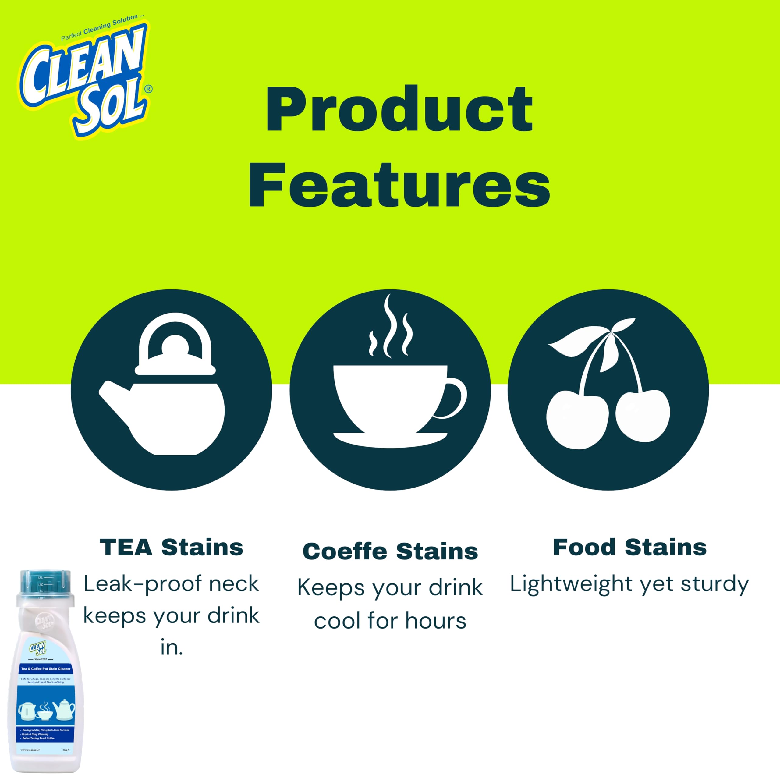 Cleansol Tea & Coffee Pot Stain Cleaner Powder | Safe for Mugs, Teapots & Kettle Surfaces | Residue-Free & No Scrubbing - 250 Gram 4