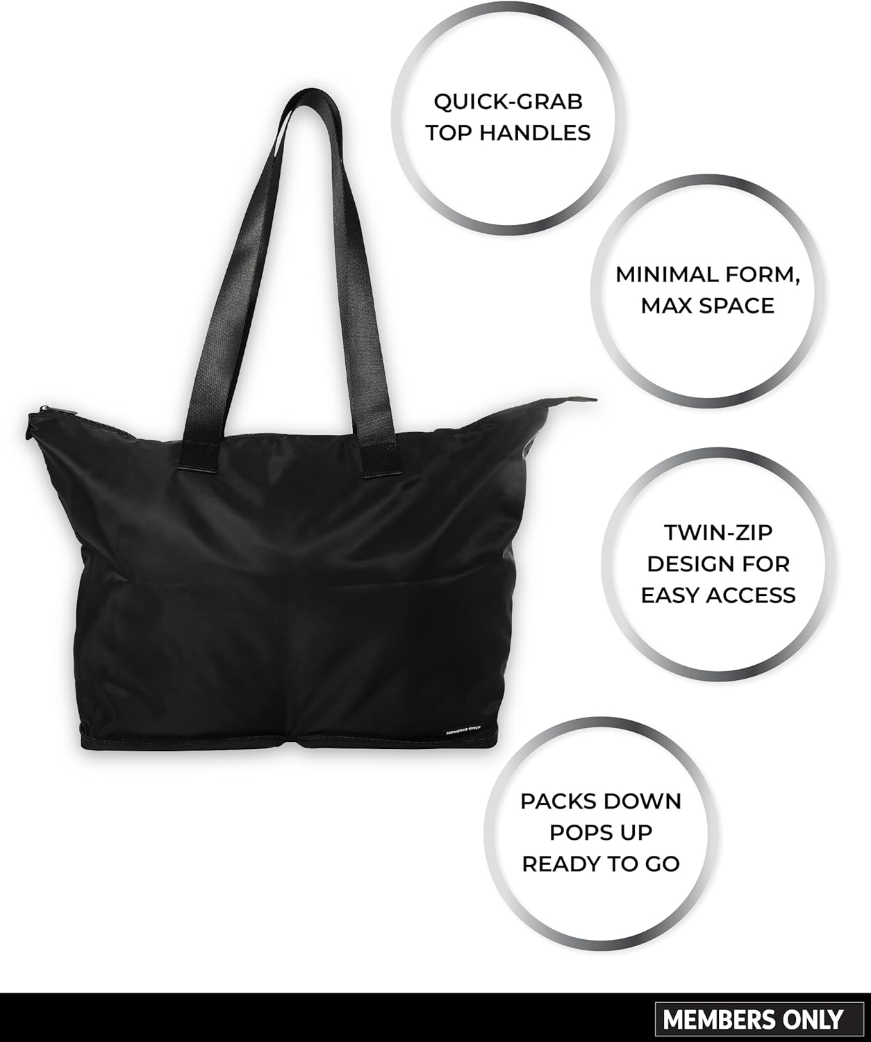 Members Only Black Tote Bag for Travel Lightweight, Foldable and Packable Tote Bag with Zipper, Travel Essentials