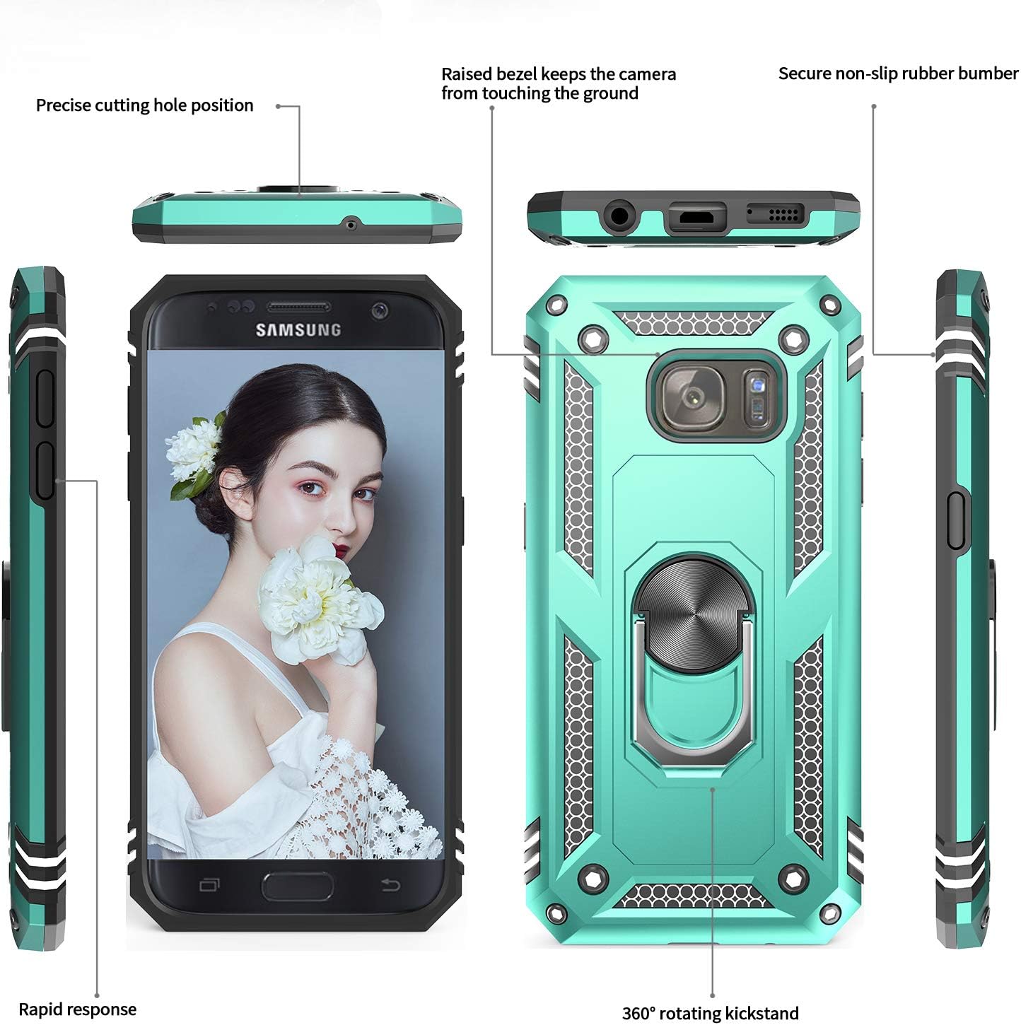 LeYi Compatible for Samsung Galaxy S7 Case with TempePurple Glass Screen Protector [2 Pack], [Military-Grade] Defender Phone Cover Case with Magnetic Car Mount Holder Kickstand for Samsung S7, Mint