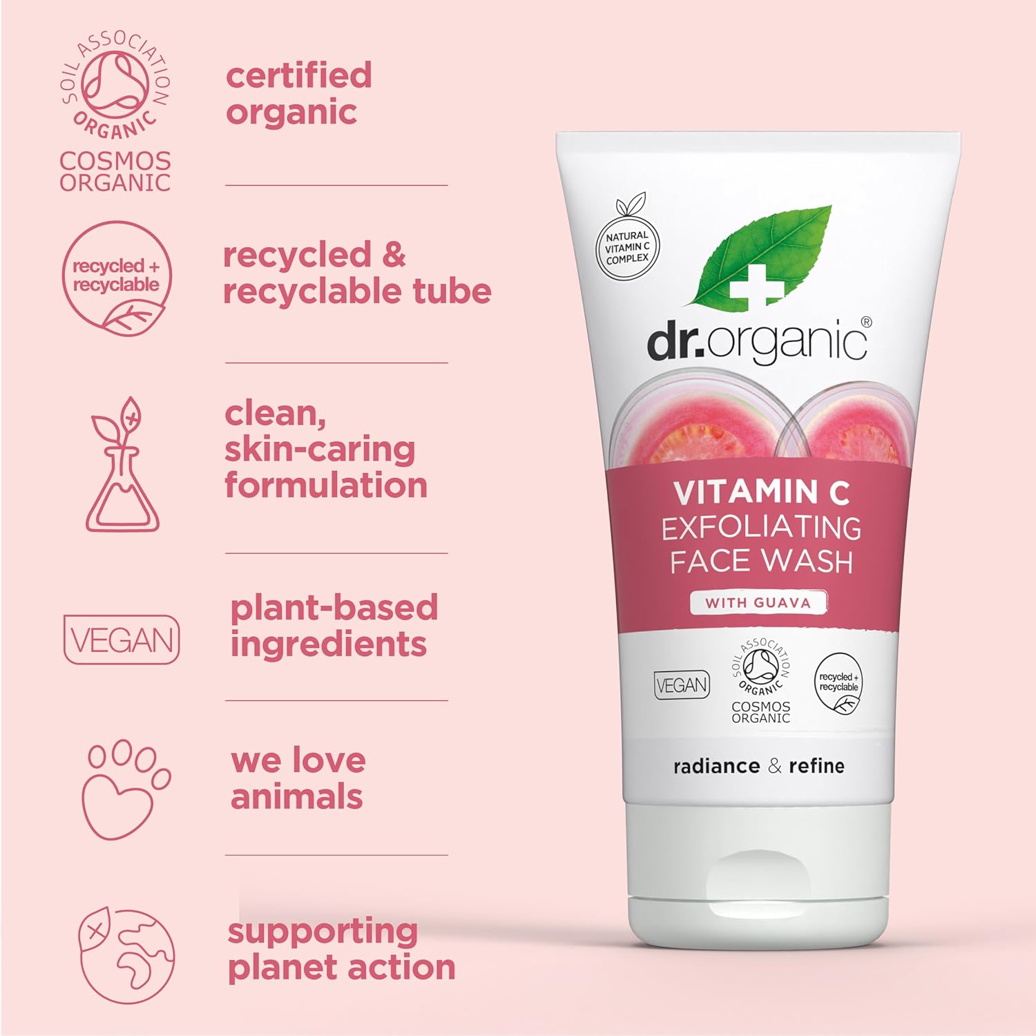 Dr. Organic Vitamin C Exfoliating Face Wash | Illuminating & Brightening for Dry Skin, Rich in Vitamin C, Certified Organic, Paraben & SLS-Free, Cruelty-Free, Natural, Vegan, 150 mL / 5 fl oz - Image 4