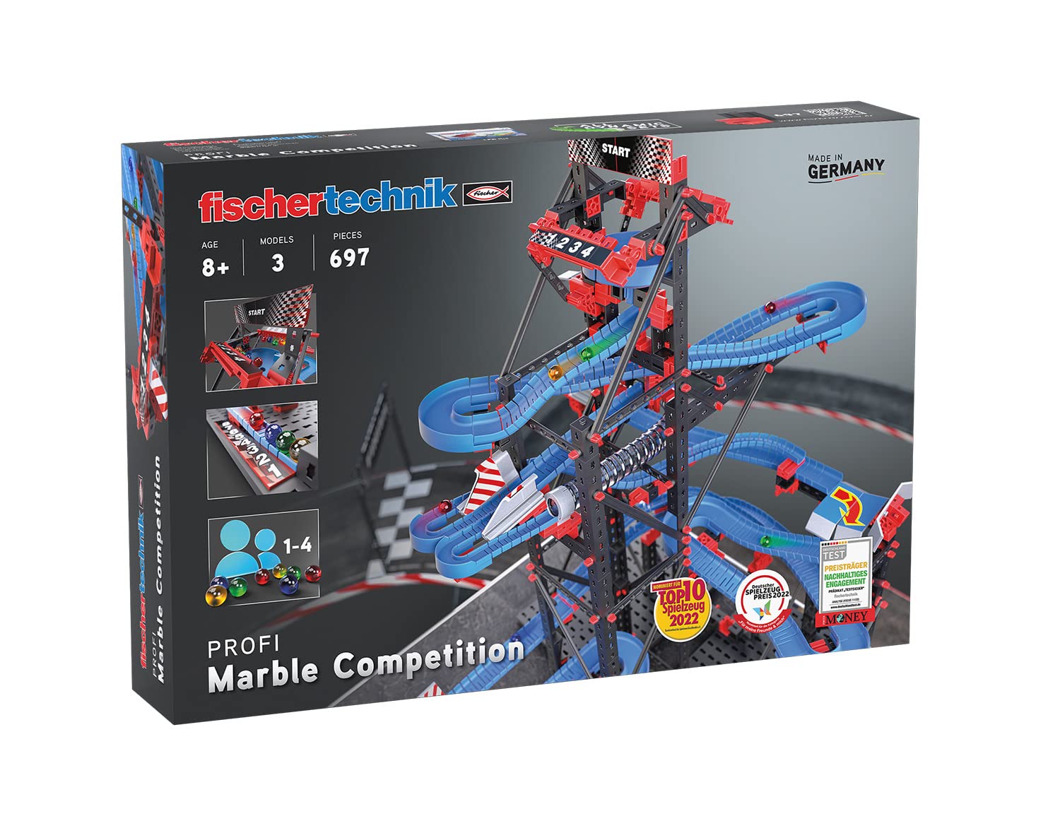 fischertechnik Marble Competition 575218 kompletny zestaw do kulek z 3 stymulującymi rozszerzeniami, od 8 lat, niebieski