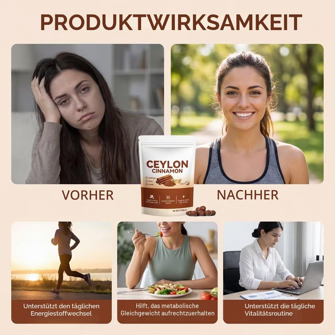 Ceylon-Zimt mit MCT-Öl, zur Unterstützung des Stoffwechsels, hoch bioverfügbar, 60 Stück,3pcs