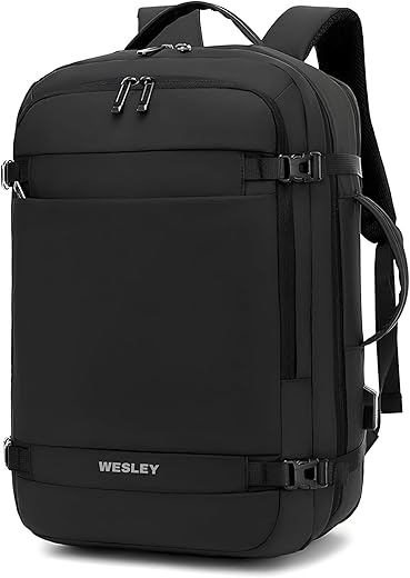 Wesley Luxur 45 Ltrs Overnighter Expandable Travel Laptop Backpack, Flight Cabin Approved Carry On with 16 inch Laptop Compartment, Anti Theft feature business/Travel/Weekender/college Charcoal Black