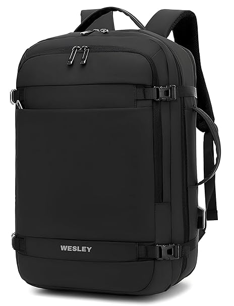 Wesley Luxur 45 Ltrs Overnighter Expandable Travel Laptop Backpack, Flight Cabin Approved Carry On with 16 inch Laptop Compartment, Anti Theft feature business/Travel/Weekender/college Charcoal Black