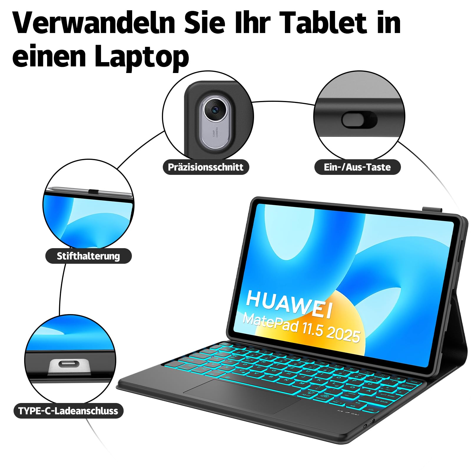 Funda con Teclado para Huawei Matepad 11.5/11.5 S 2025/2023/2025/0204 | [Español] Retroiluminado Bluetooth Magnéticamente Teclado con Funda Delgada y Touchpad para Tablet Huawei Matepad 11.5",Negro