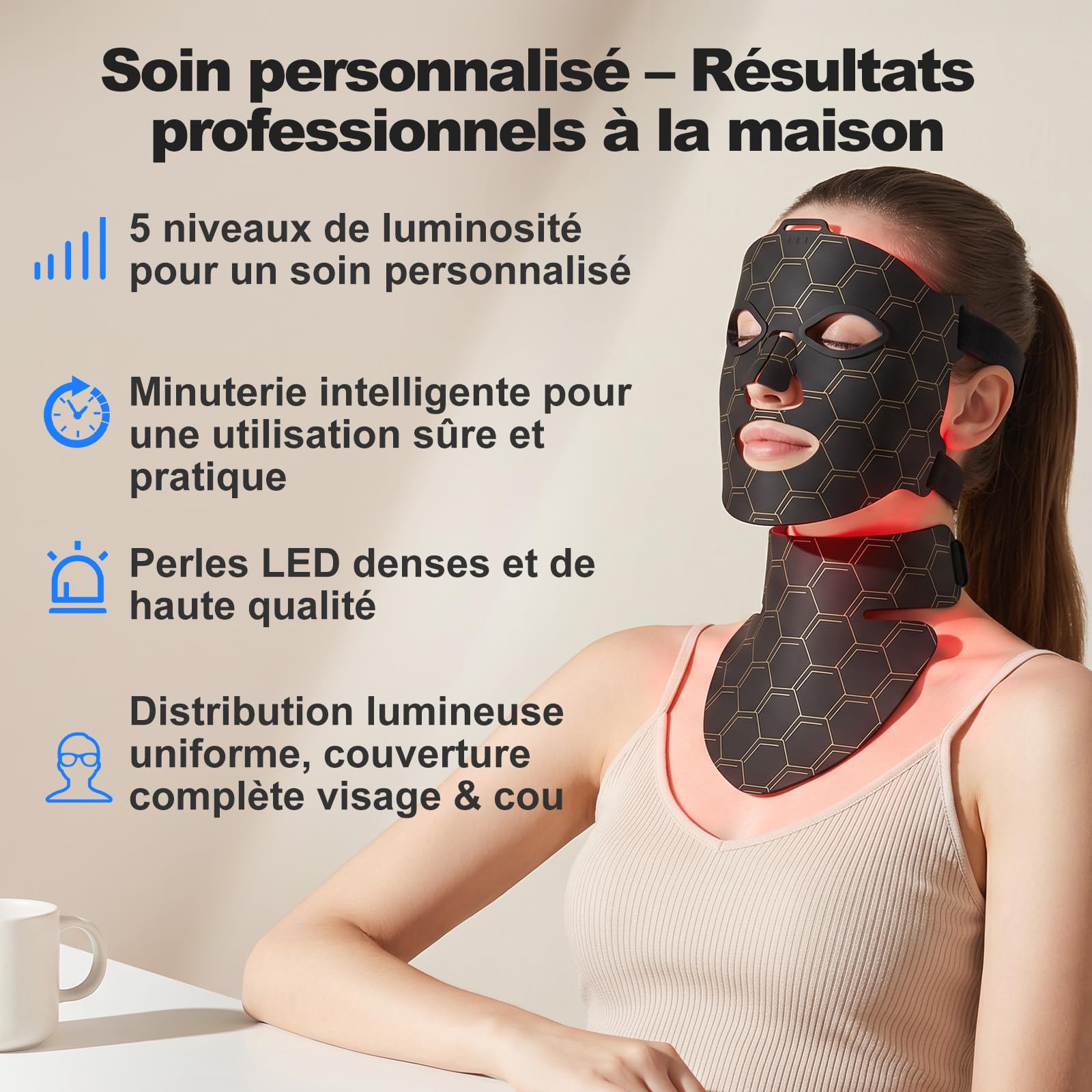 Masque LED Visage Cou 7 Couleurs 5 Luminosité Minuterie | Masque LED avec 7 couleurs, 5 niveaux de luminosité et minuterie, pour visage et cou, adapté à tous les types de peau