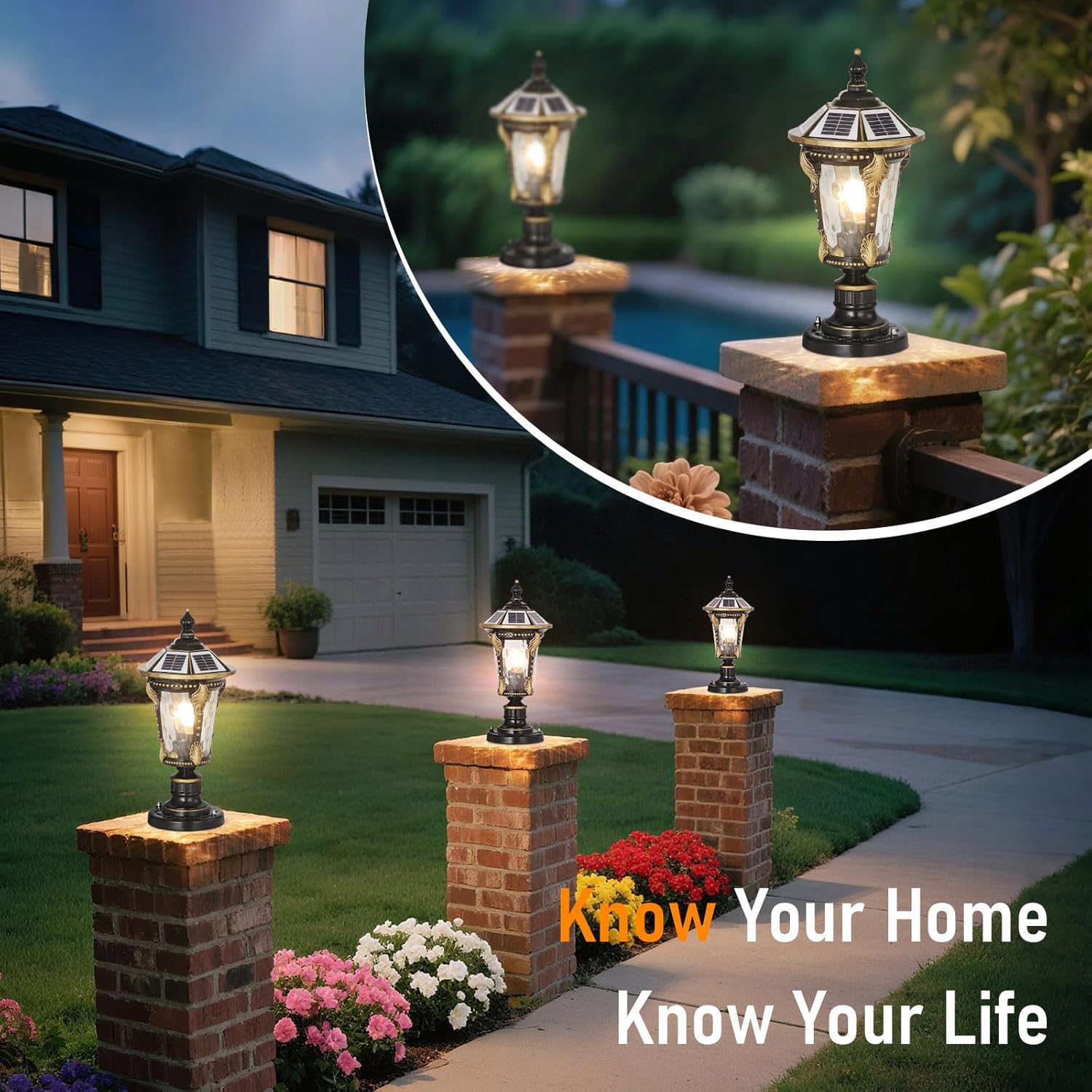 Solar Post Caps Lights for Outdoor 19.29In Black Pillar Lamps with Remote Control Column Lights Waterproof Landscape Pathway Lighting Exterior Fence Deck Caps Lanterns Gate Yard Mailbox Pier Lamps
