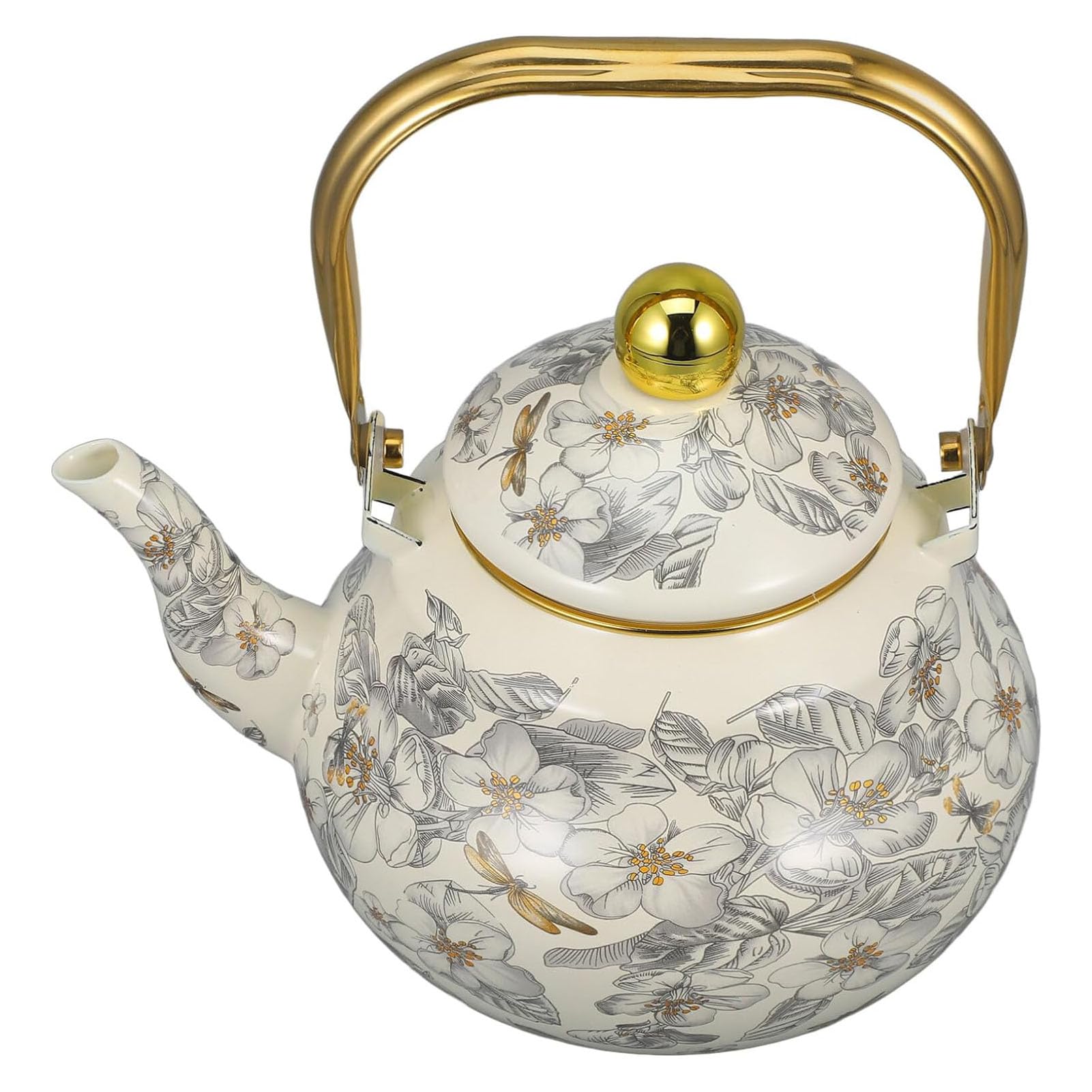 RSBFER Emaillierter Teekessel im Vintage-Stil, Teekanne aus Stahl mit Blumenmuster, Heißwasserkessel für Induktion, Gasherd, Holzofen,1.5L