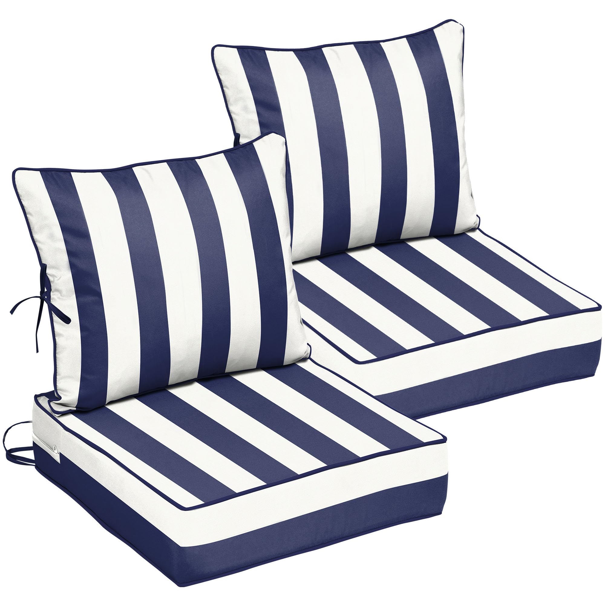 24x28 Outdoor Chair Cushions Set of 2, Waterproof Deep Seat Cushions for Patio Furniture with Removable Cover, Fade Resistant 4'' Outdoor Seat Cushion with Ties&amp;Handle for Sofa Loveseat,Blue Stripes