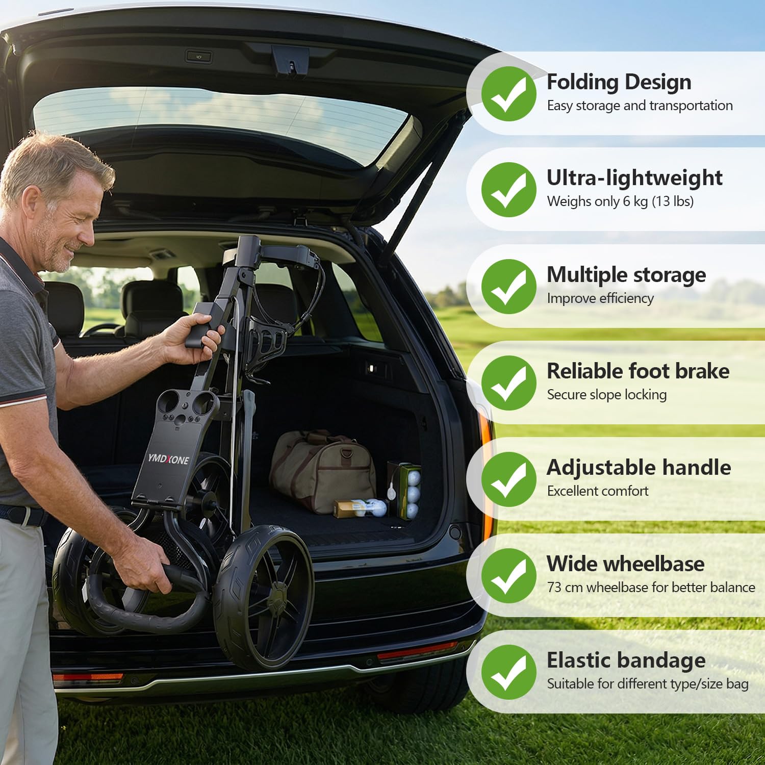 3 Rad Golf Trolley mit verstellbarem Griff: Klappbares Design, Netzaufbewahrungstasche, leichter Handwagen mit Halterung für Scorecard und Flasche. Kompakt für einfache Lagerung und Transport