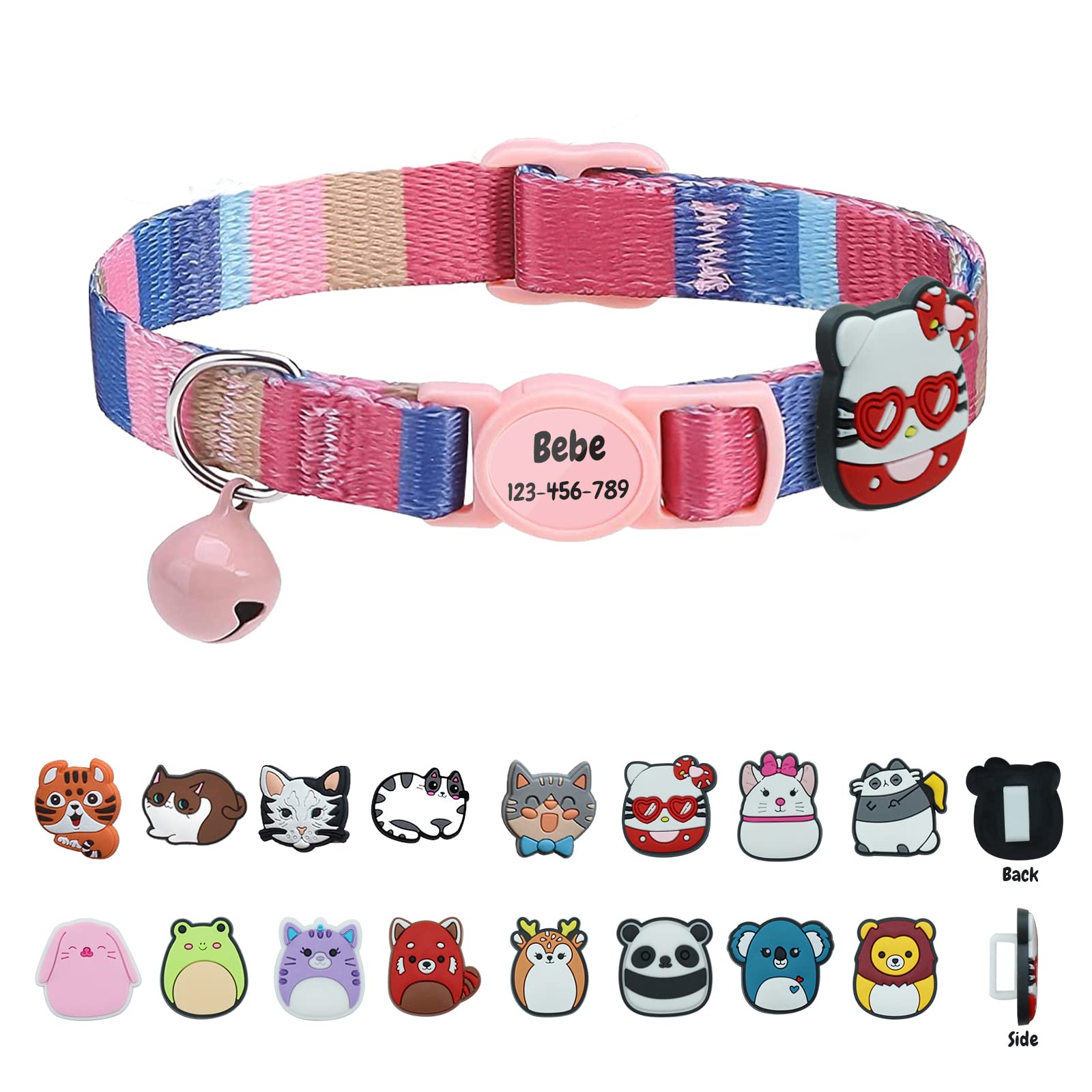 Personalized Breakaway Cat Collars with Bell Soft Silicone Pendant Safety Quick Release HD Print Customized Kitten Collars for Girls Boys Cats-Pink Buckle-Stripe
