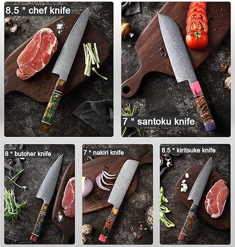 Vista 3 de ZZYY - Juego de 9 cuchillos japoneses de acero de Damasco con mango de madera solidificada, cuchillos Nakiri, cuchillo de chef Santoku, cuchillo