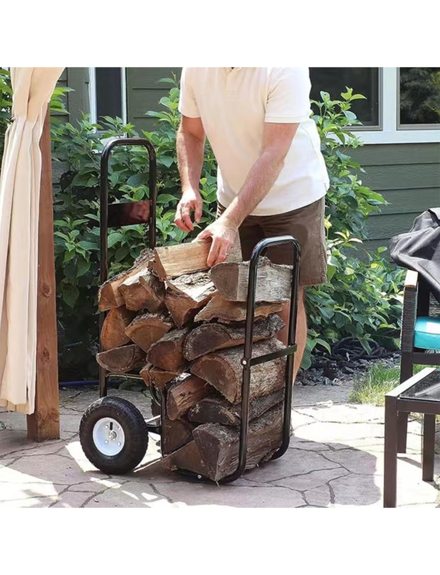 Carrello per legna da ardere con ruote, carrello per legna resistente, ruote in gomma per interni ed esterni, carrello per legna in ferro e supporto per legna da ardere per camino