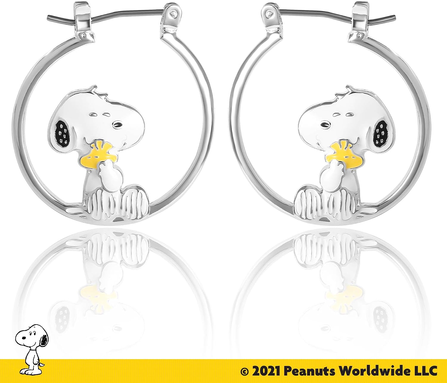 Peanuts Snoopy Earrings for Women Official License, Silver Flash-Plated Hoop Earrings with a Snoopy and Woodstock Accessory
