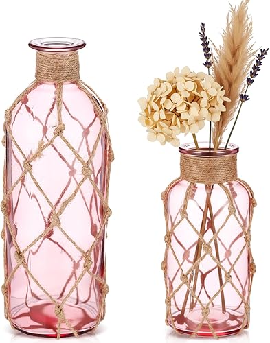 Vista 13 de Chuangdi TSITP - Juego de 2 jarrones de cristal costeros para flores, florero con cuerda bohemia, frasco pequeño de cristal de mar, botella de playa